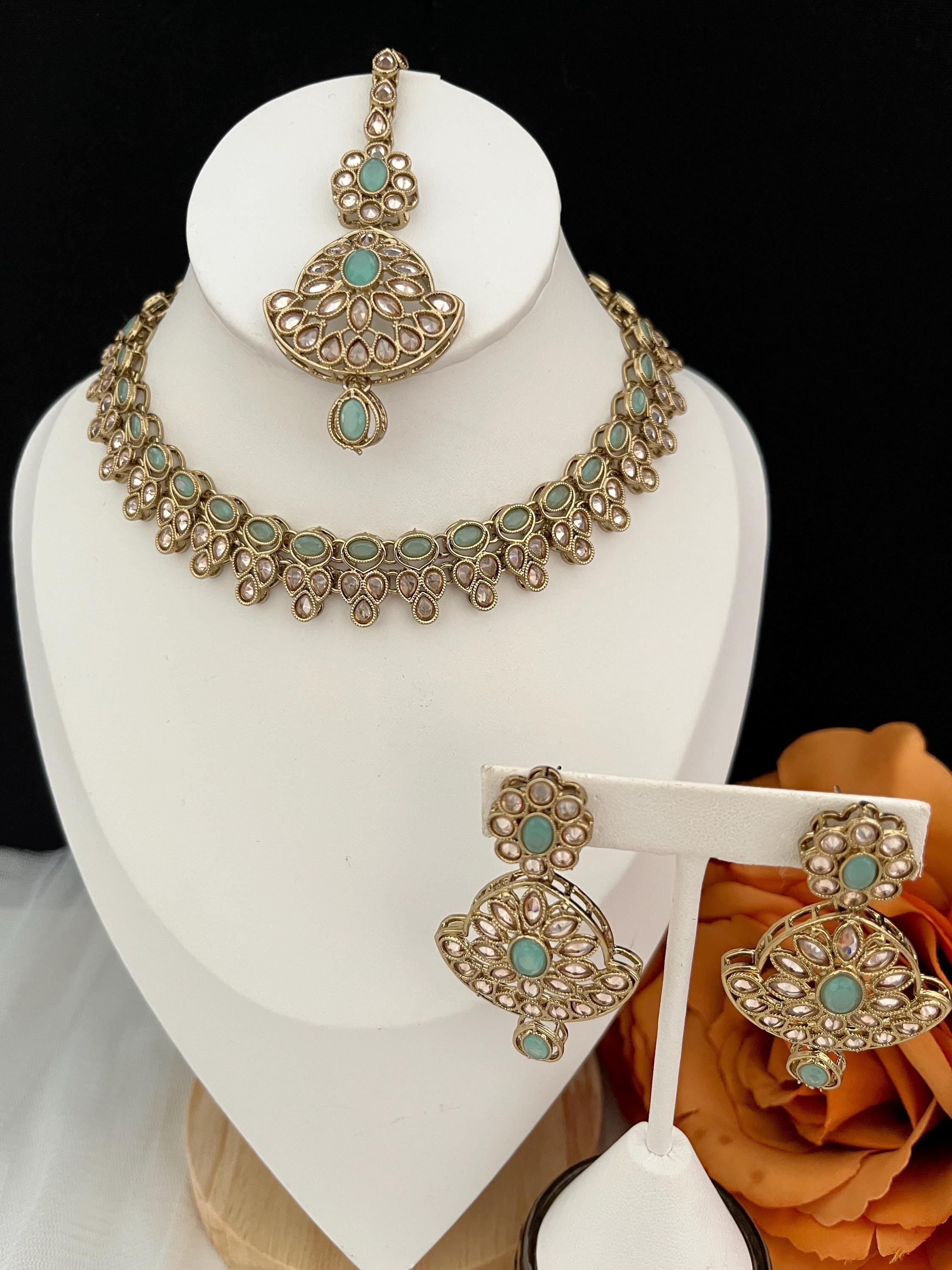 Polki Choker Necklace Set: Indian Bridal Jewelry, Mint Green