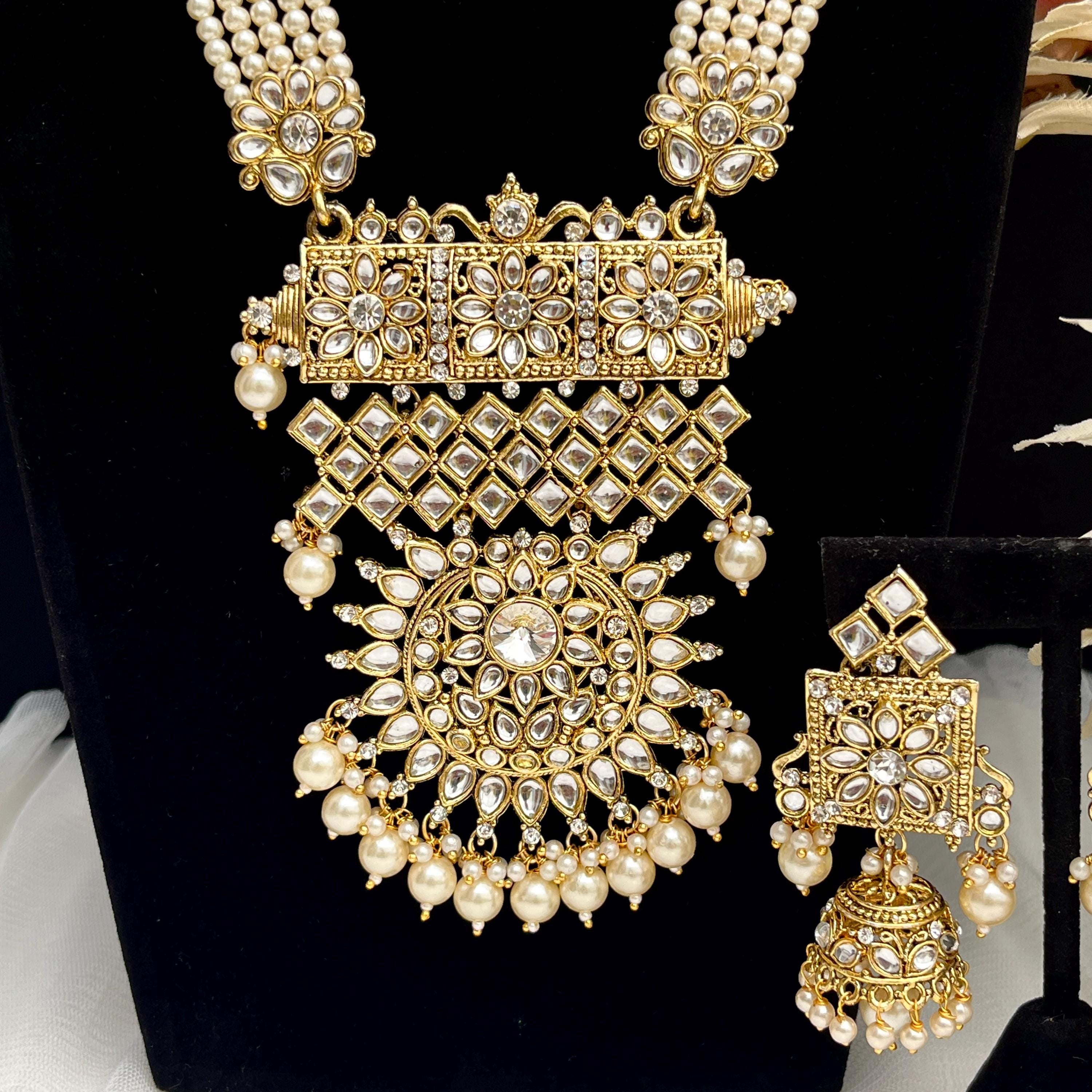Kundan Rani Haar Necklace Set: Imitation Gold, Jhumka Earrings & Tikka