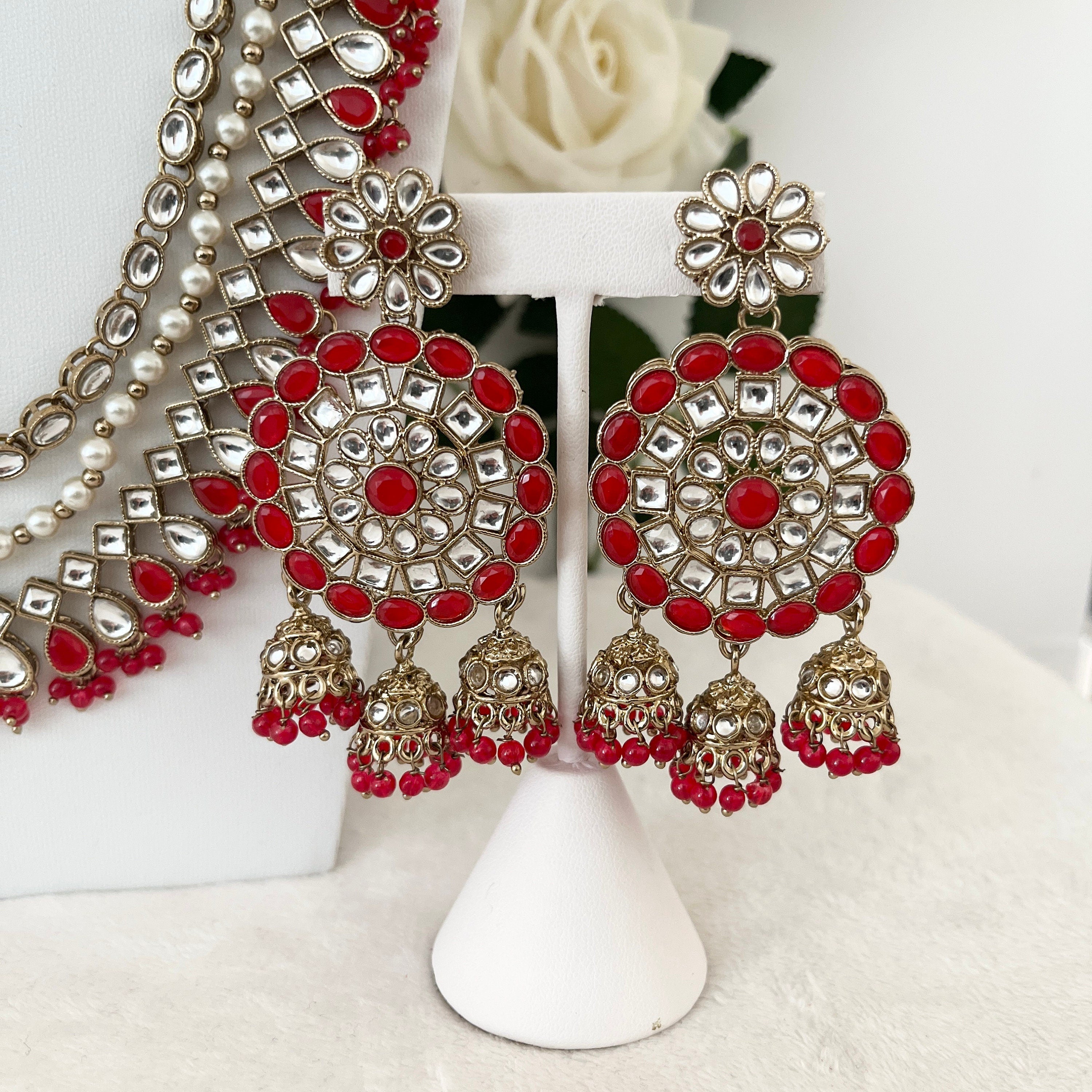 Imitation Long Kundan Necklace Raani Haar with Tikka Earrings Red and Gold