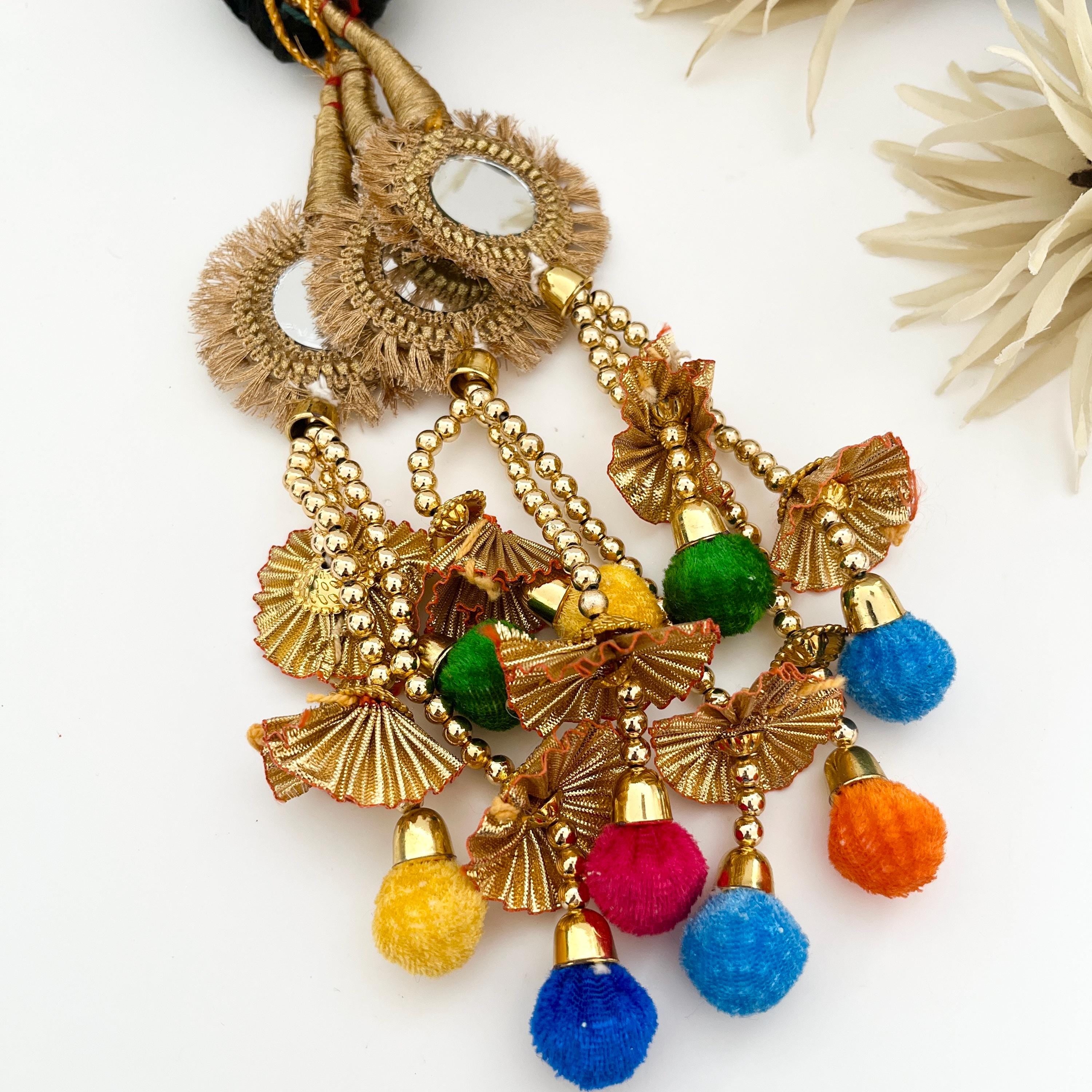 Paranda, Prandi, Latkans, Punjabi Mirror Hanging Latkans,  Punjabi Themed Weddings Phulkari Patiala Sangeet Mehendi Maiyoon, Hair Accessorie