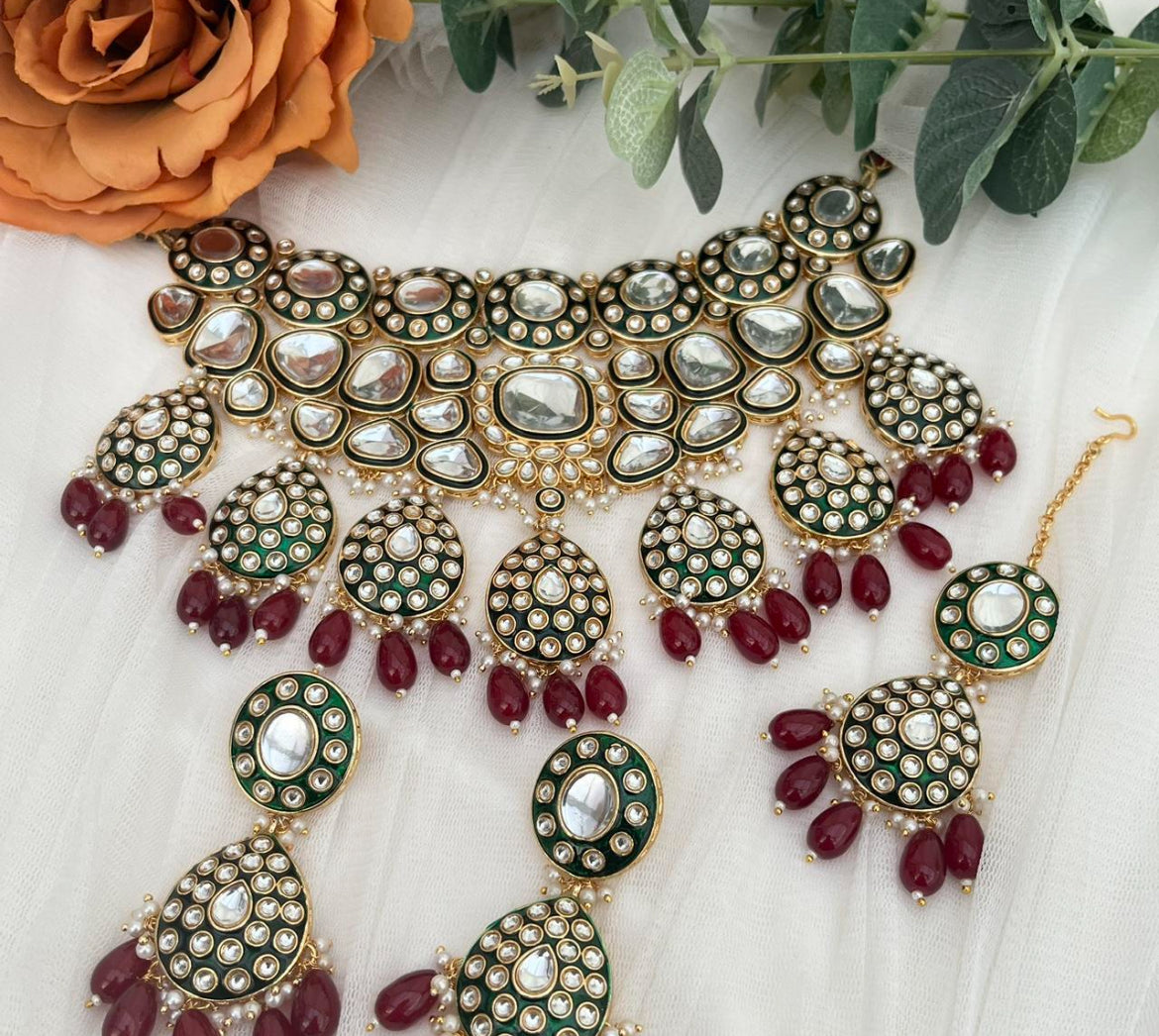 Kundan Meenakari Burgundy and Gold Choker Set