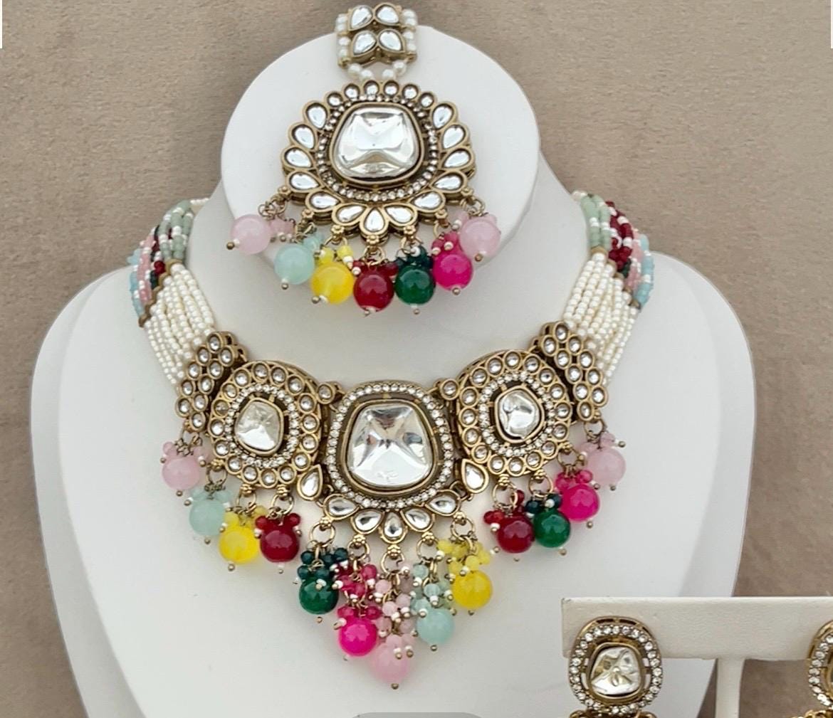 Kundan Choker Set: Indian Bridal Jewelry with Tikka & Earrings, Multicoloured Indian Jewellery