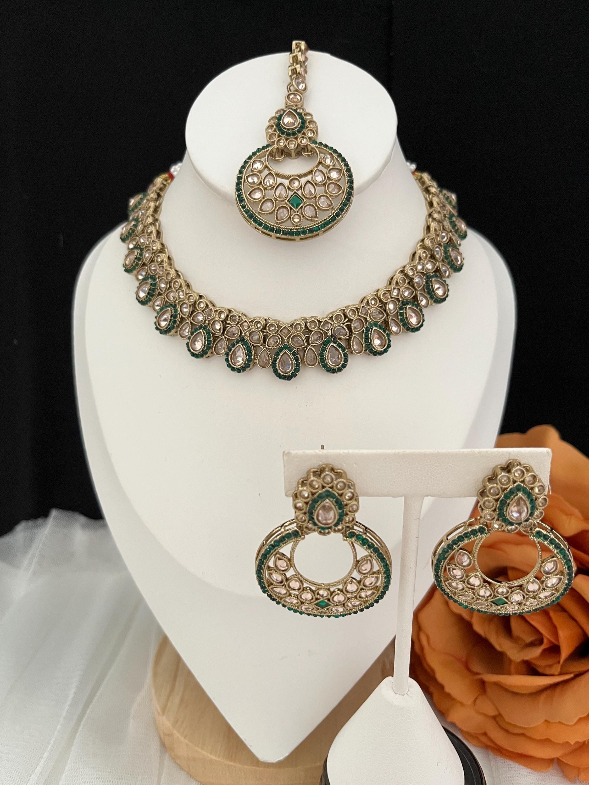 Indian Jewellery, Choker Polki Necklace, Indian Bridal Sets, Pakistani Jewellery, Bollywood, Green Jewellery Set
