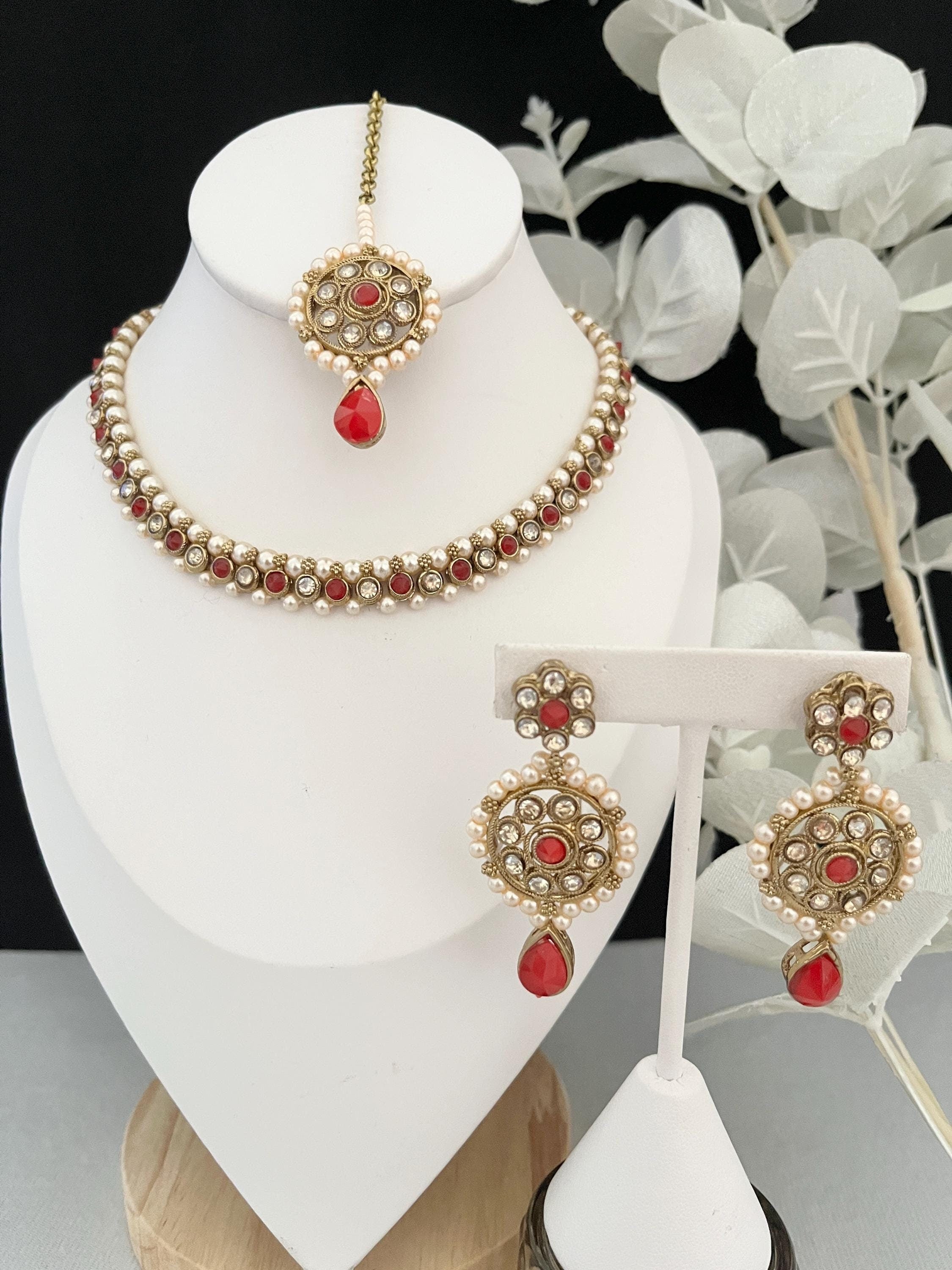Indian Jewellery, Polki Jewellery, Tikka Earrings Set, Choker, Necklace, Pearl Necklace, Bollywood Fashion, Pakistani Jewellery