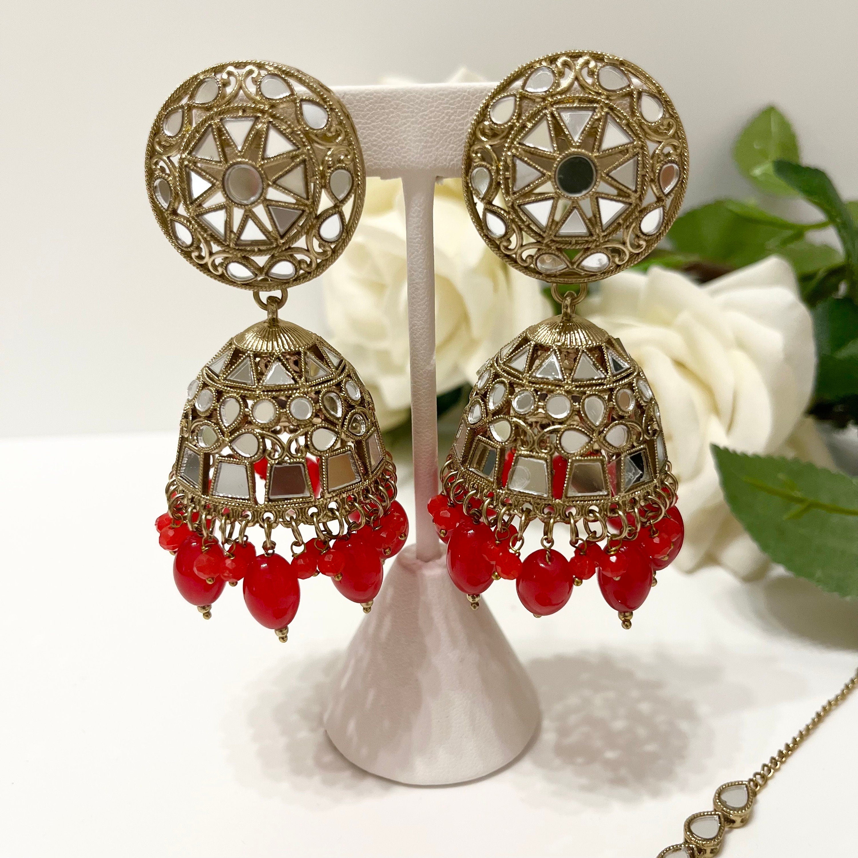 New Indian Bollywood Mirror Jewellery Drop Earrings and Tikka Lovely Style Burgundy Gold Set
