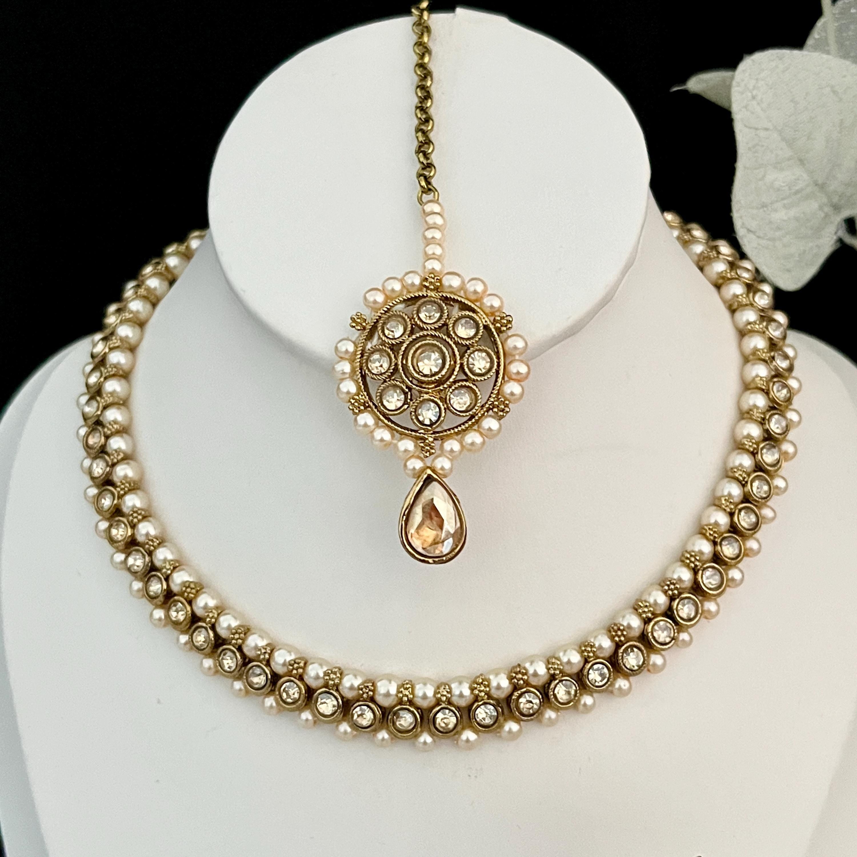 Imitation Indian Jewellery- Polki Jewellery- Tikka Earrings Set- Choker- Necklace- Beaded Necklace- Bollywood Fashion- Pakistani Jewelley
