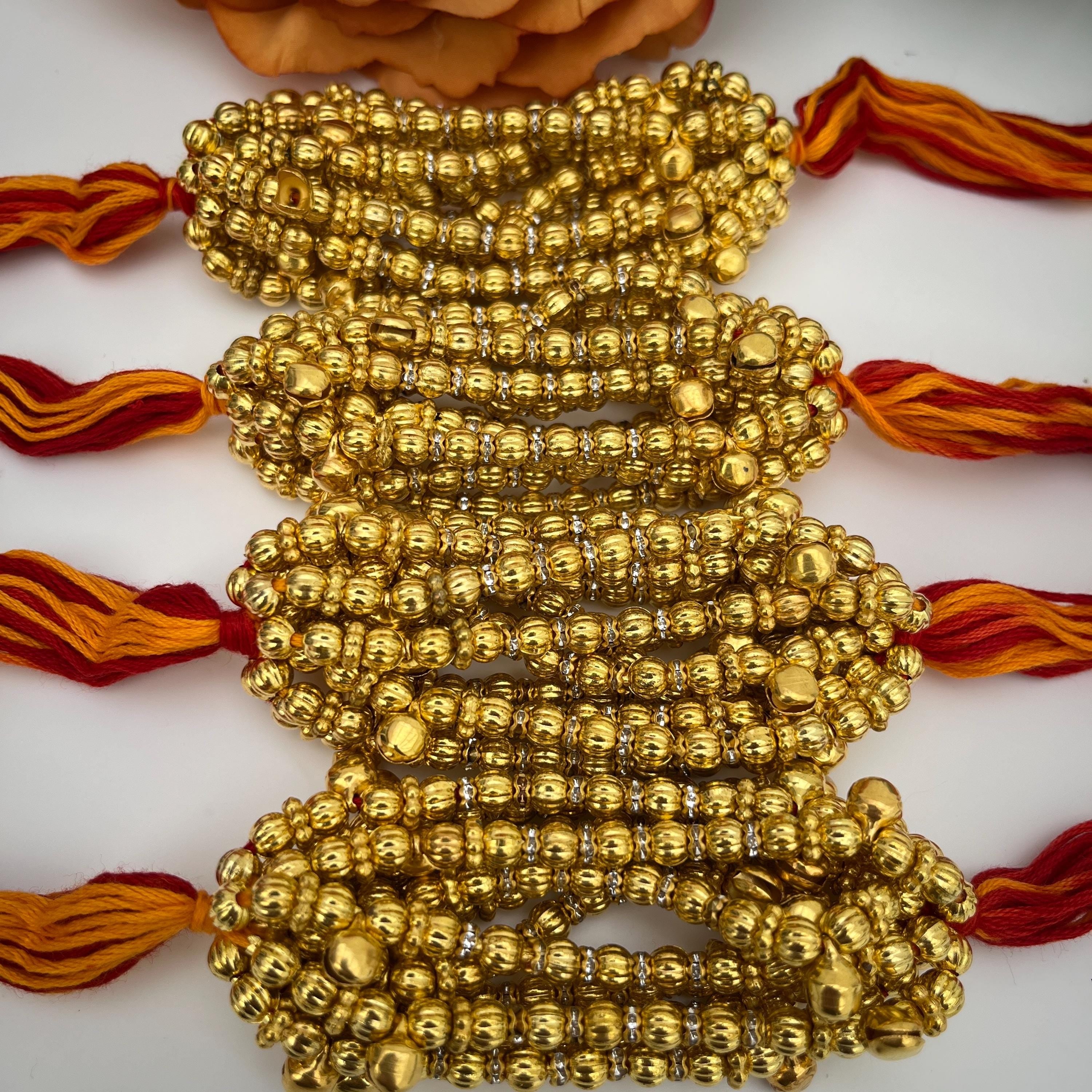 Indian Wedding Gane: Red Cotton Thread, Gold Bells, Maiyan Ceremony - Pack of 12