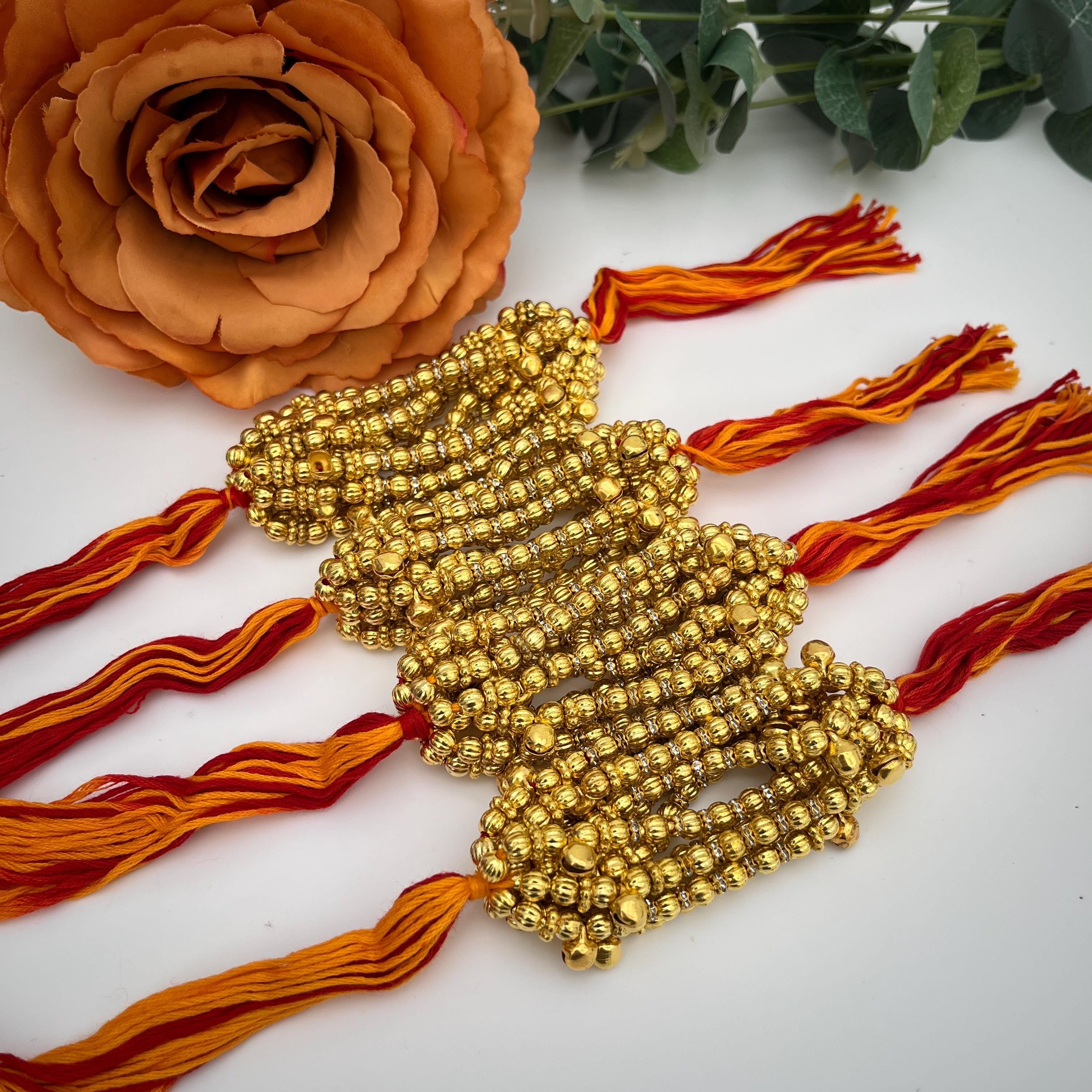Indian Wedding Gane: Red Cotton Thread, Gold Bells, Maiyan Ceremony - Pack of 12
