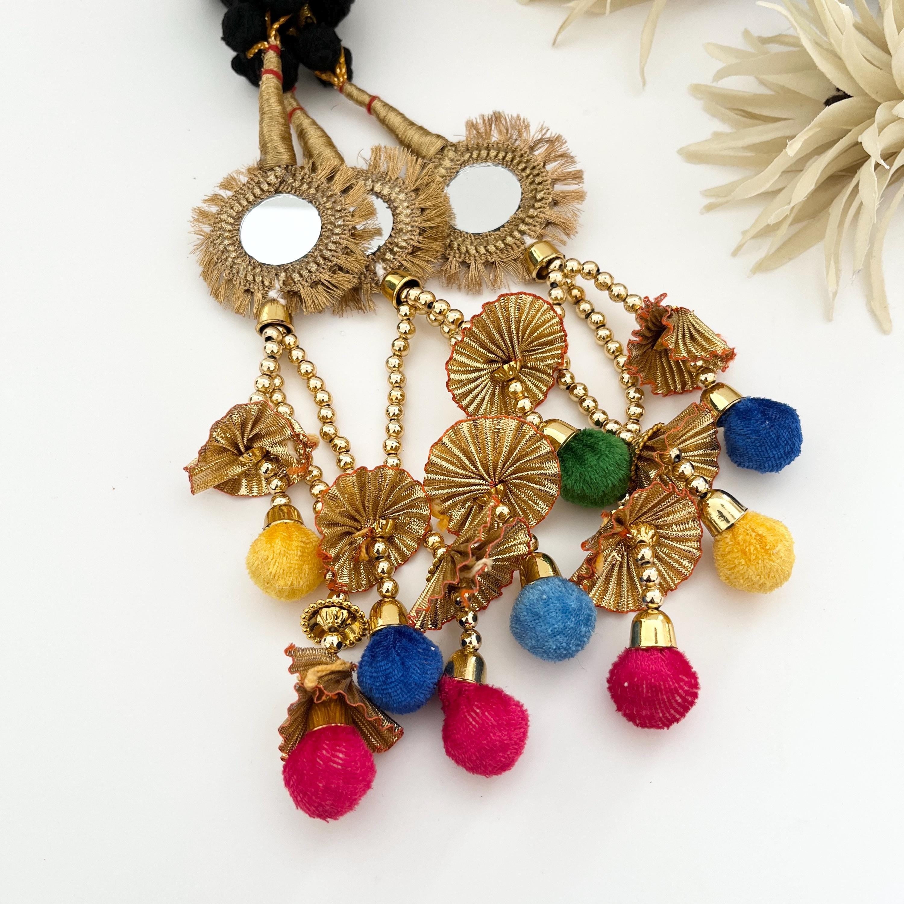 Paranda, Prandi, Latkans, Punjabi Mirror Hanging Latkans,  Punjabi Themed Weddings Phulkari Patiala Sangeet Mehendi Maiyoon, Hair Accessorie