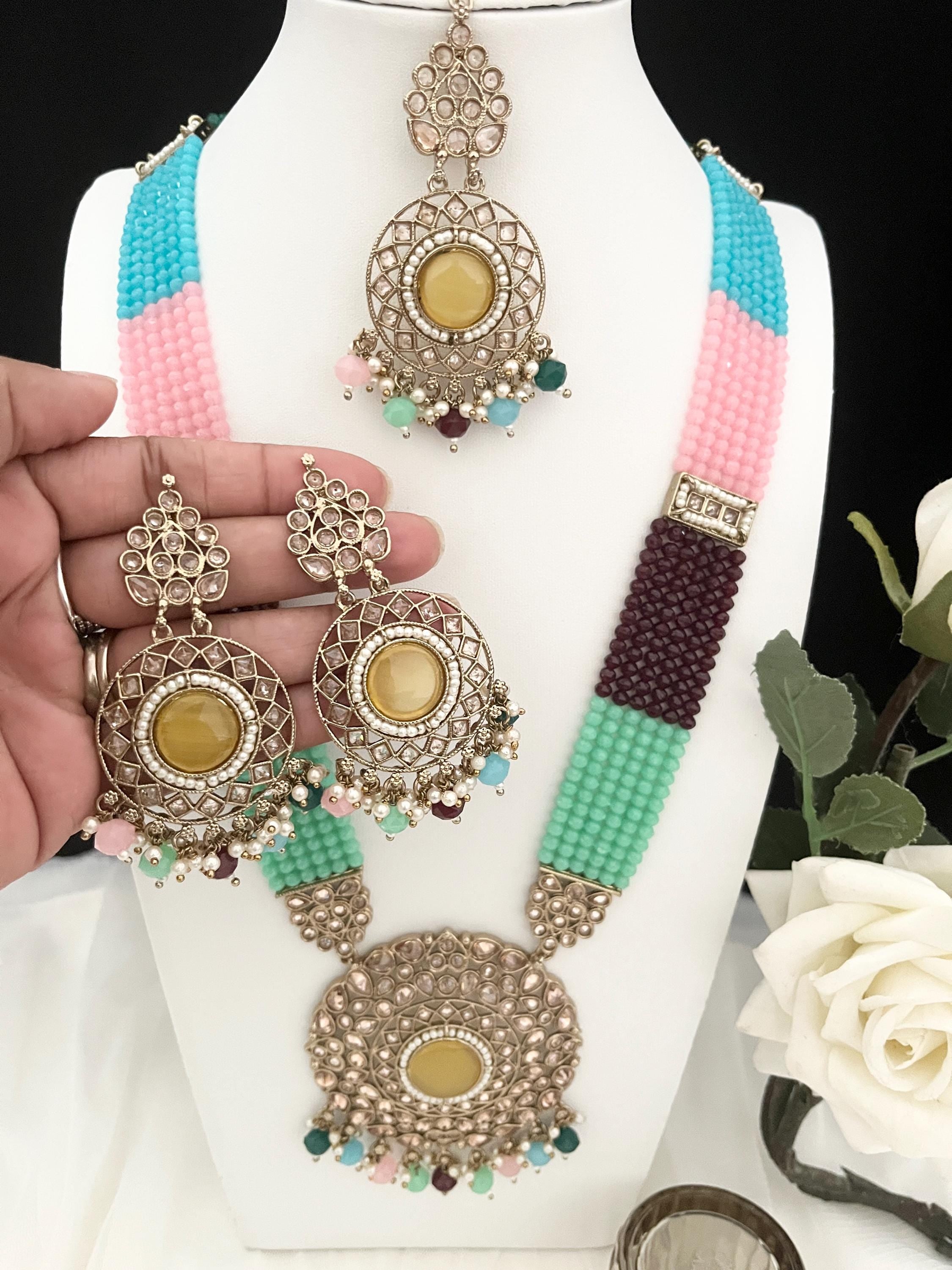 Long Necklace/Raani Haar/ Tikka Earrings/Polki Jewellery/Indian Bridal Sets