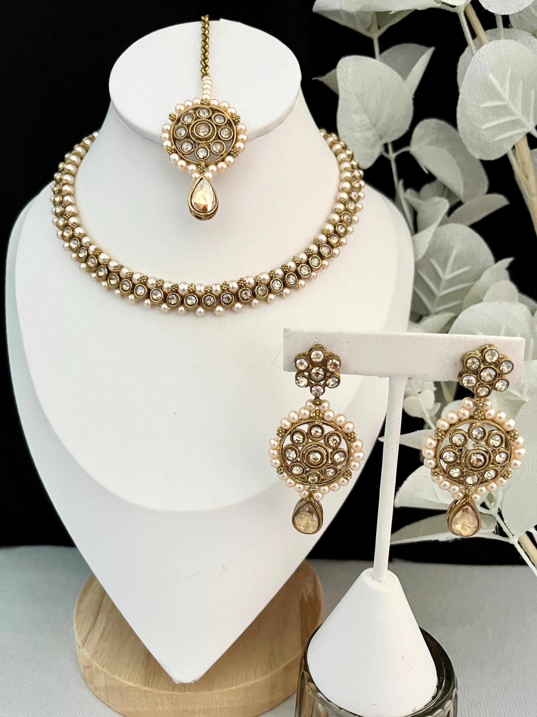 Imitation Indian Jewellery- Polki Jewellery- Tikka Earrings Set- Choker- Necklace- Beaded Necklace- Bollywood Fashion- Pakistani Jewelley