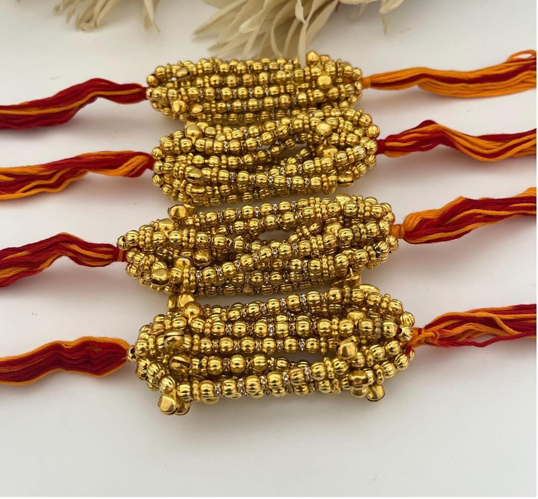 Indian Wedding Ganney: Red Cotton Thread, Gold Bells - Maiyan Ceremony Favors (Set of 12)