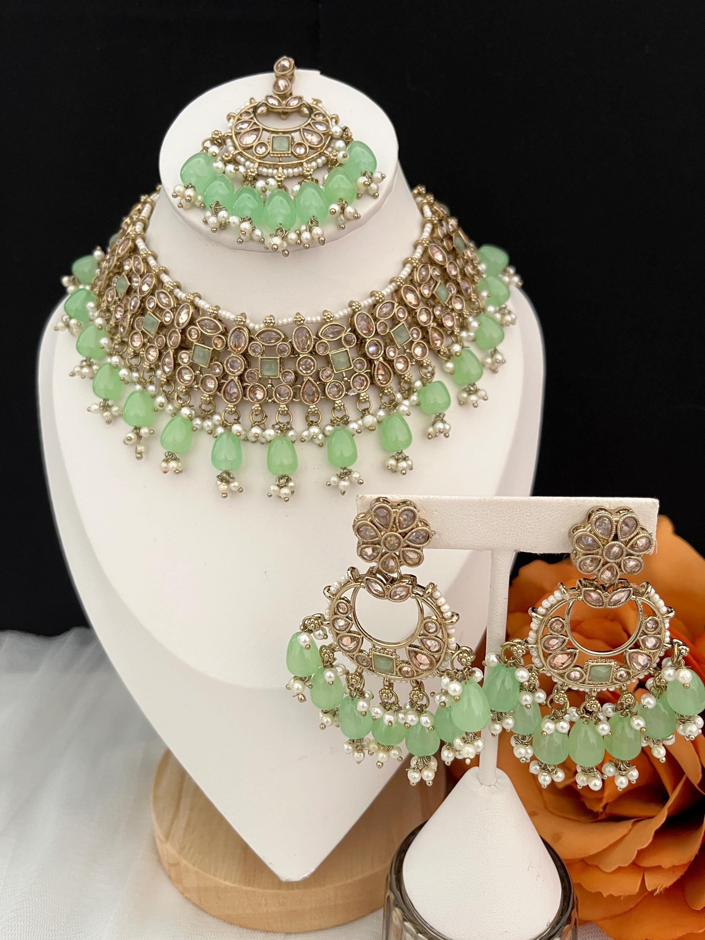 Indian Jewellery, Choker Polki Necklace, Indian Bridal Sets, Pakistani Jewellery, Bollywood/ Green choker Set