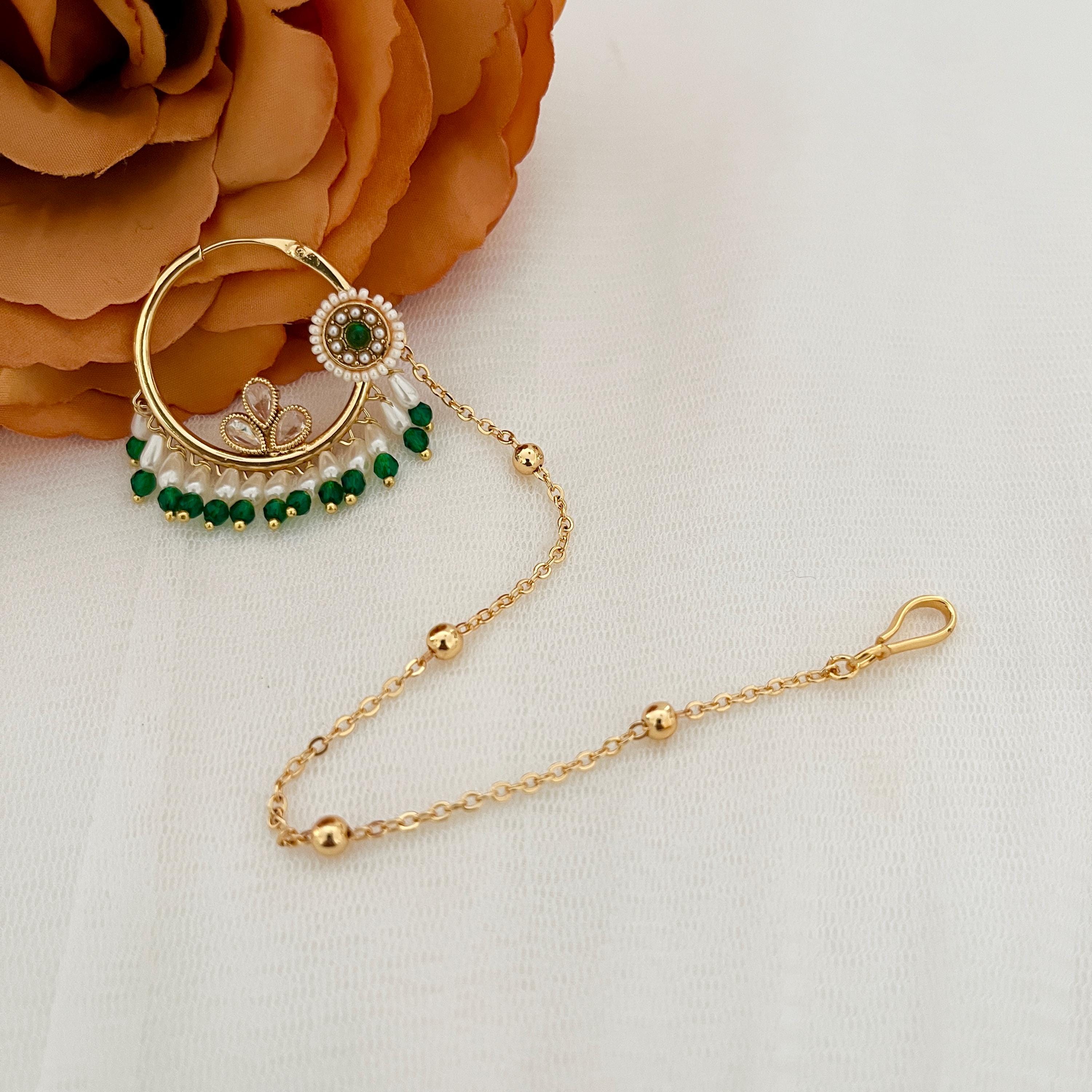 Handmade Gold Nath Nose Ring: Indian Bridal Jewelry with Green Pearls