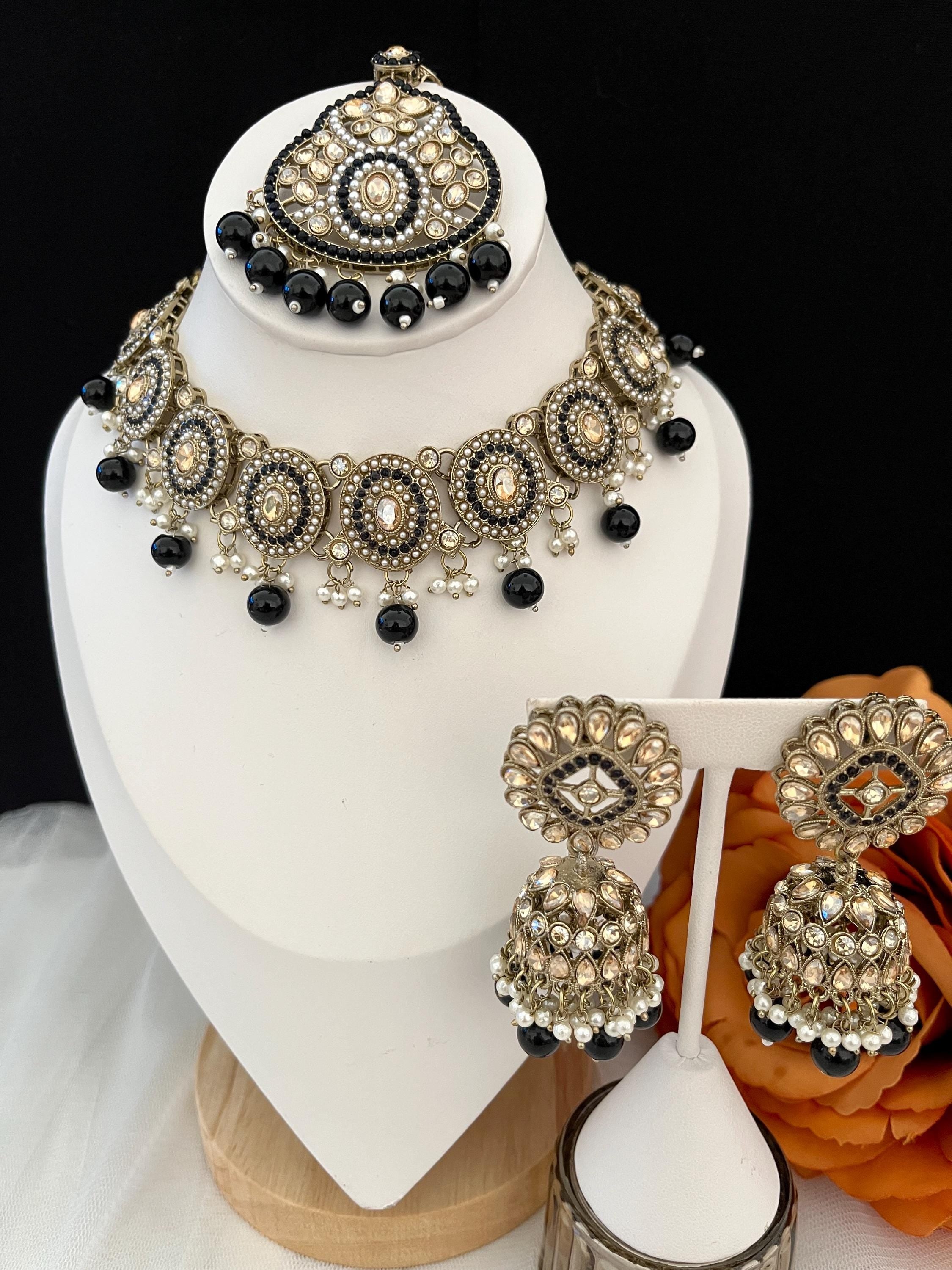 Polki Choker Necklace Set: Indian Bridal Jewelry with Black Pearls