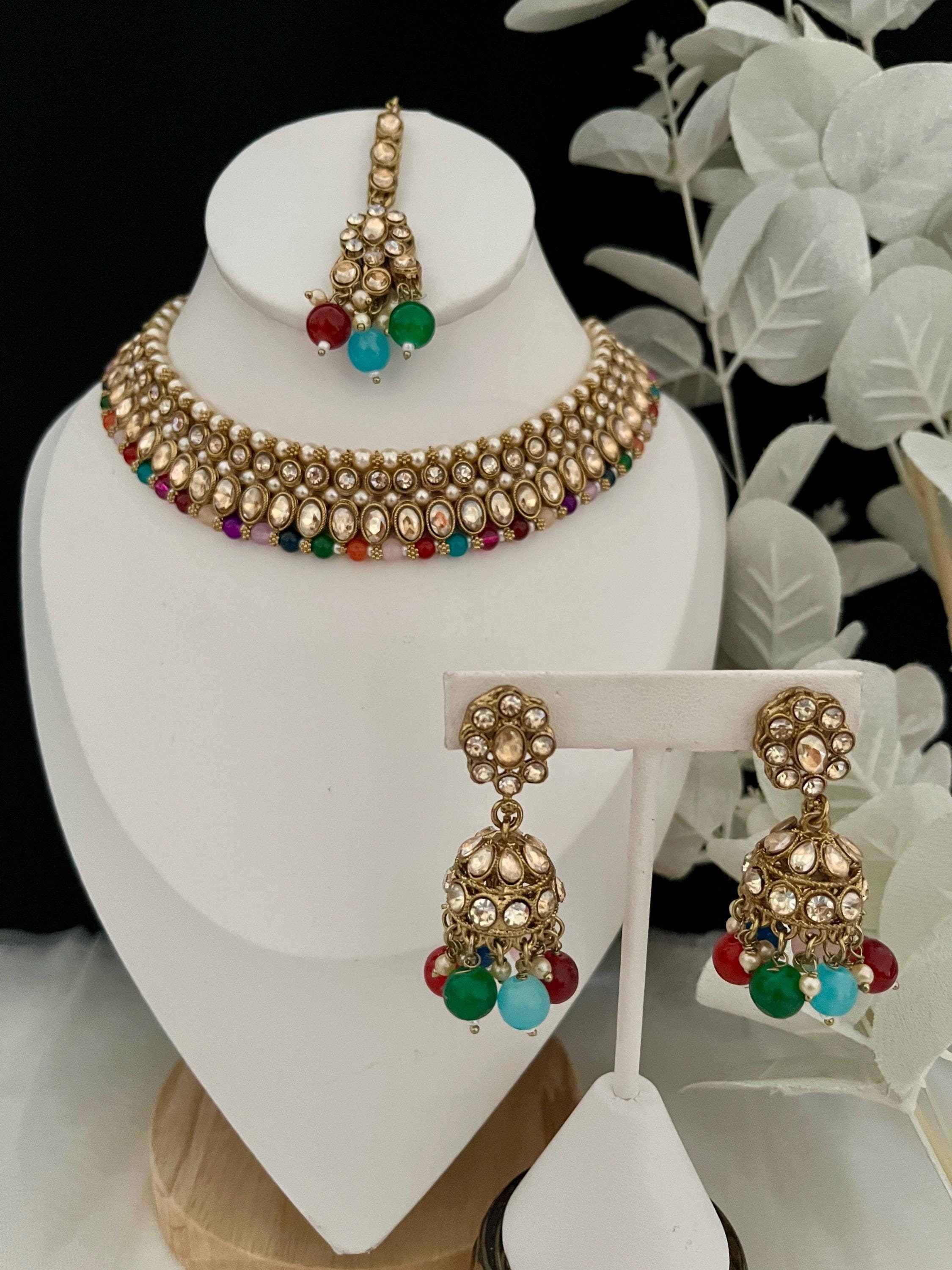 Indian Jewellery Set, Multicoloured Choker, Beaded Choker, Kundan Jewellery, Indian Bridal sets, Bollywood Jewellery, Tikka and Earrings Set