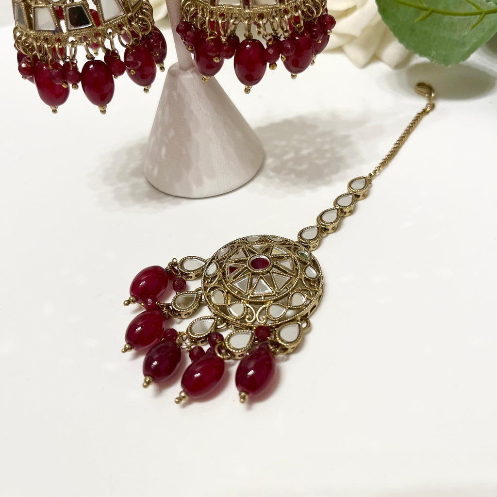 New Indian Bollywood Mirror Jewellery Drop Earrings and Tikka Lovely Style Burgundy Gold Set