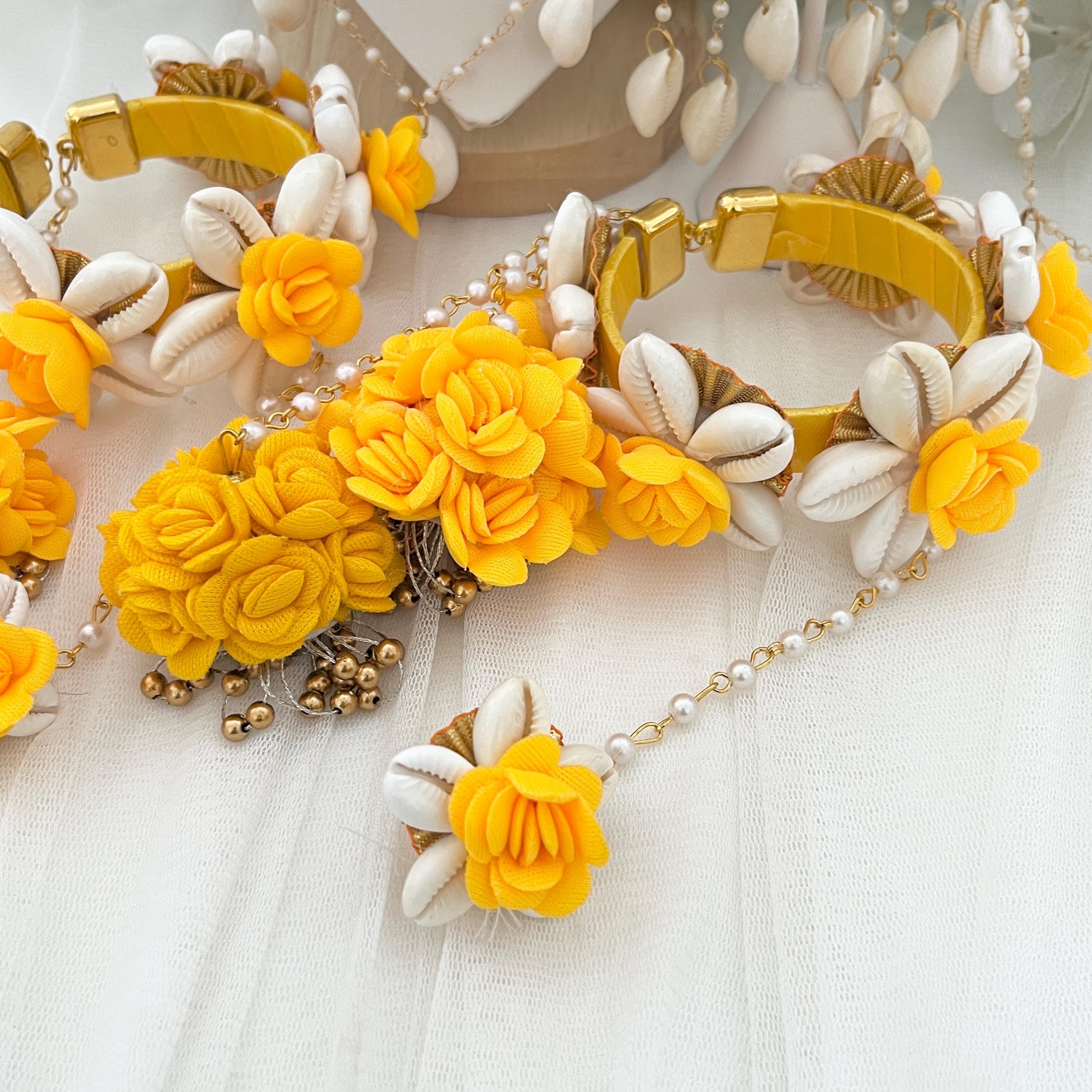 Gorgeous Handcrafted artificial flower/floral jewelry/ Haldi mehndi necklace set/ Indian flower jewelry/ Hair Gogra/ Mojra/ Wedding Kaleerey