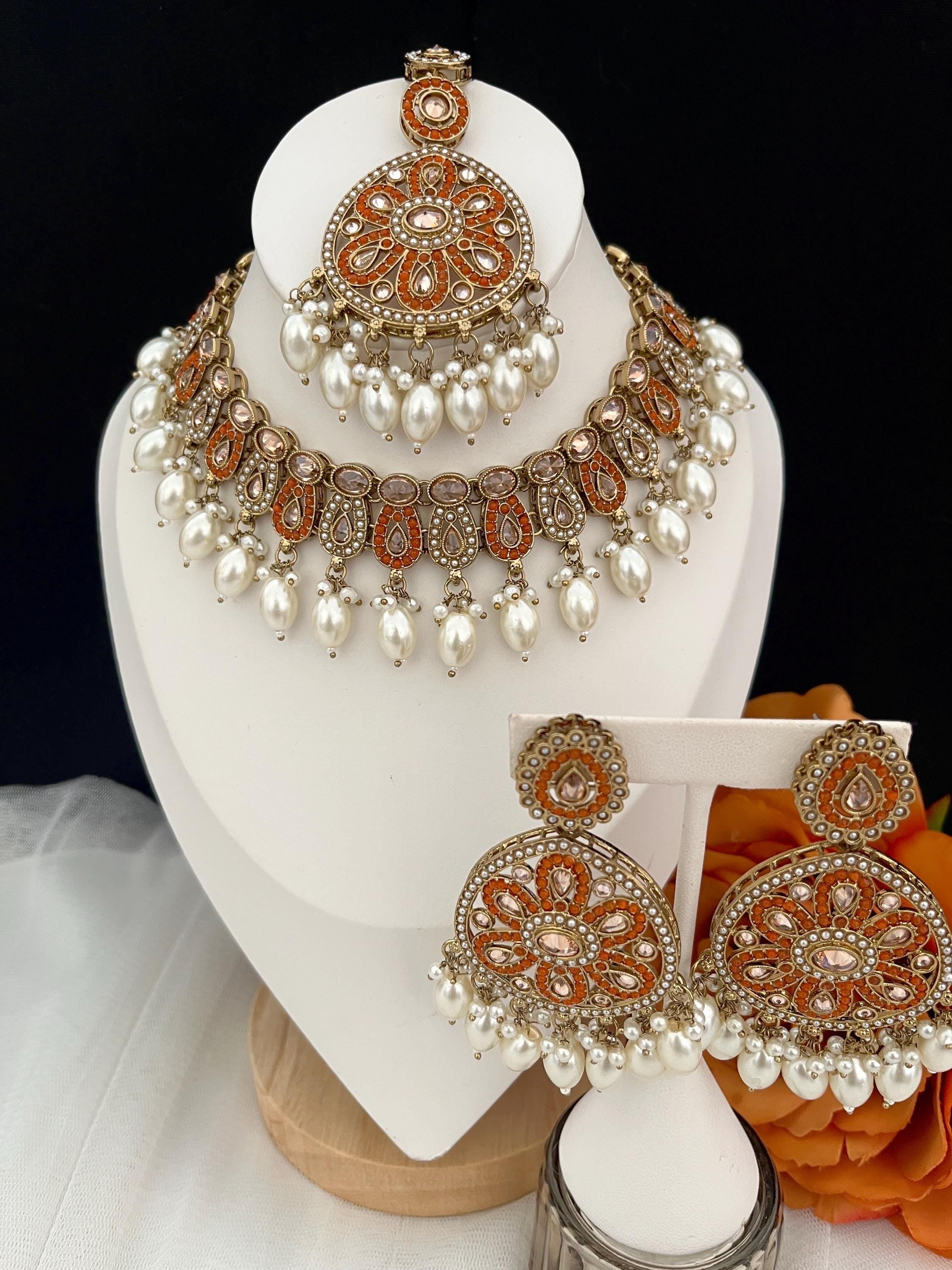 Polki Choker Necklace Set: Orange Indian Bridal Jewelry