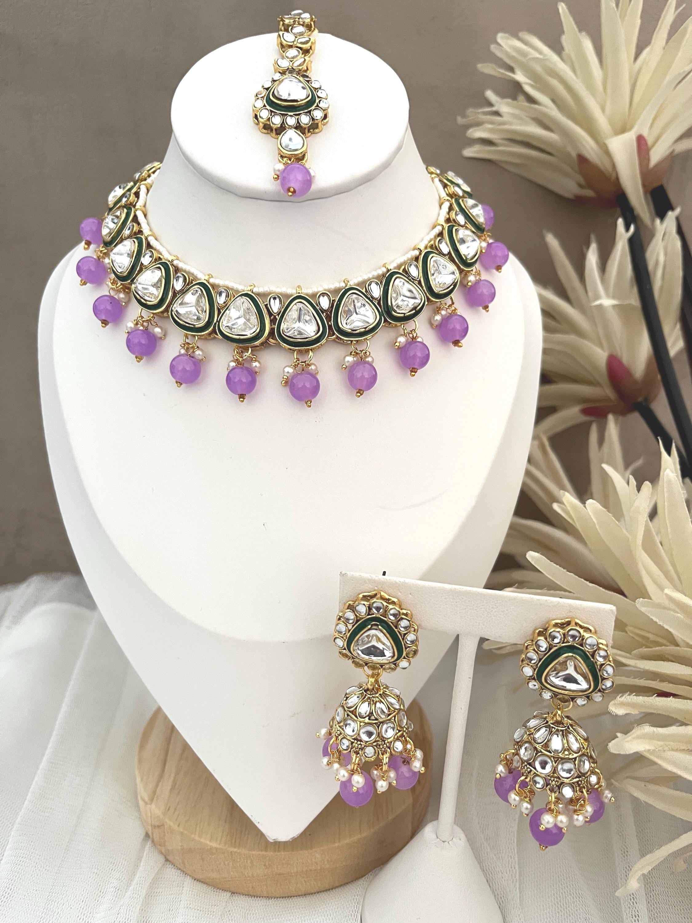Kundan Jewellery Sets, Lilac Colour Jewellery, Traditional Indian Jewellery, Indian Bridal Jewellery, Pakistani Jewellery