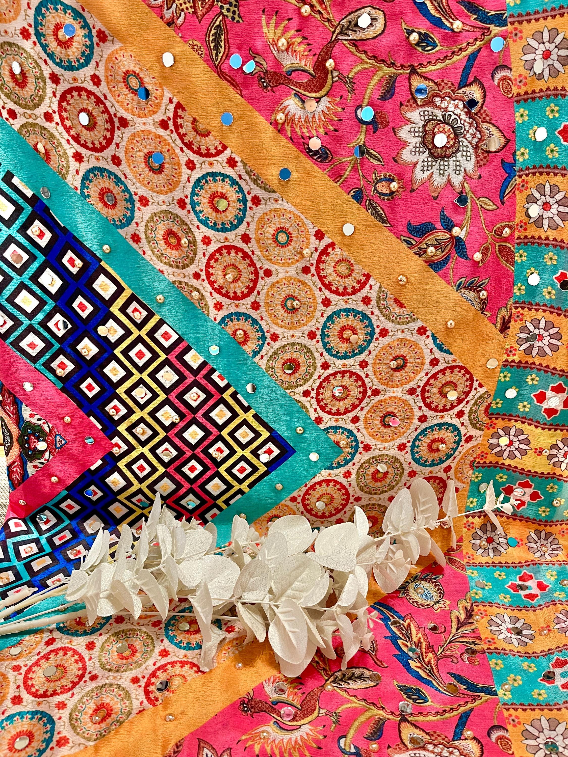 Multicoloured Mirrored and Pearl Printed Pakistani Silk Dupatta, Ladies Scarf, Indian Attire, Punjabi Chunni
