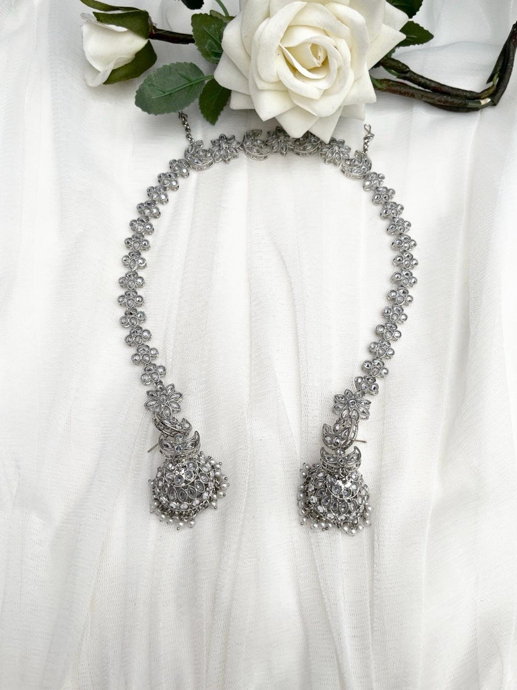 Sheeshphool with Earrings, Polki Sheeshpool, Jhumka Earrings, Indian Head Accessories, Mathat Patti, Bridal Jewelry, Silver Earrings