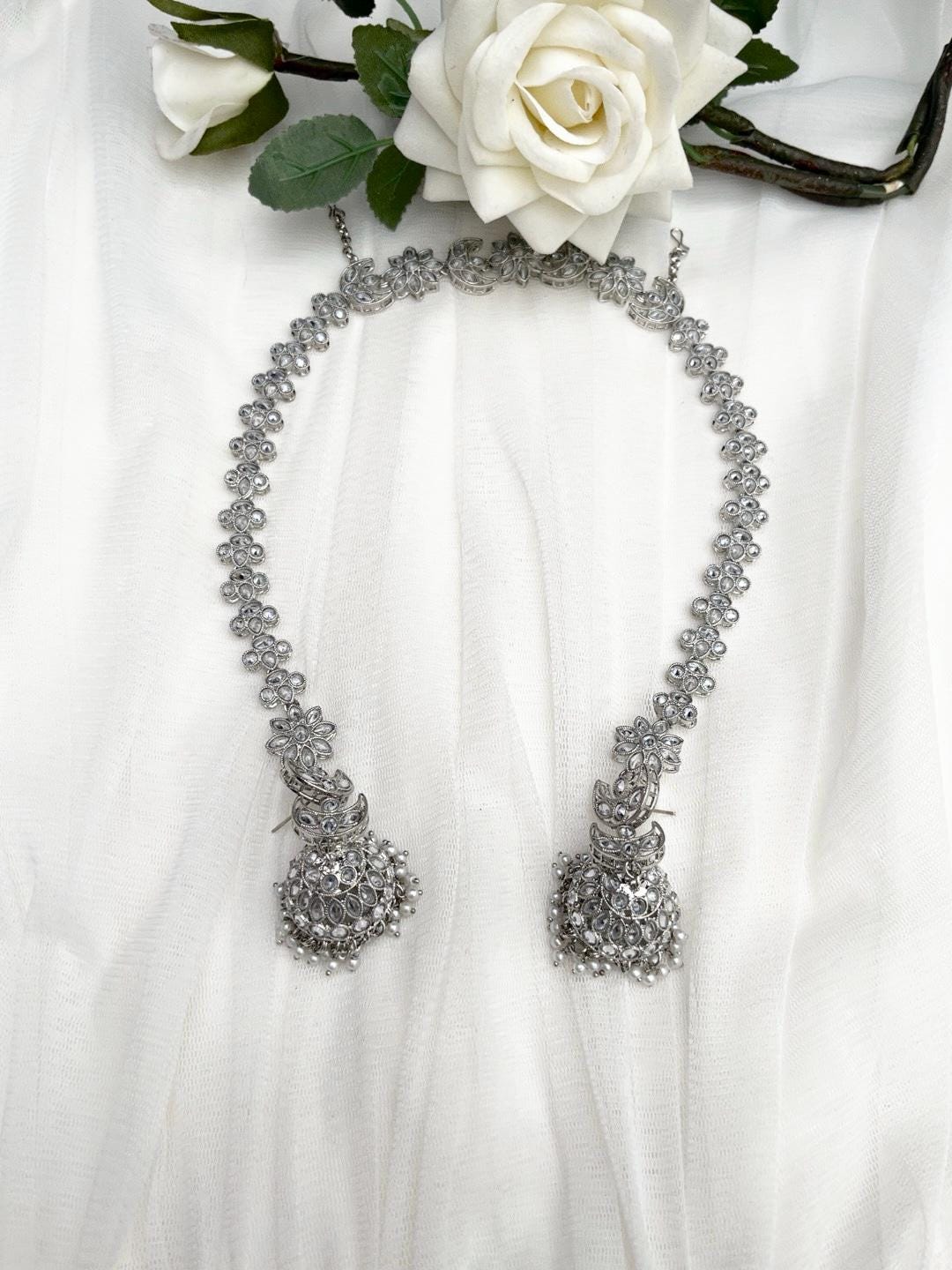 Sheeshphool with Earrings, Polki Sheeshpool, Jhumka Earrings, Indian Head Accessories, Mathat Patti, Bridal Jewelry, Silver Earrings
