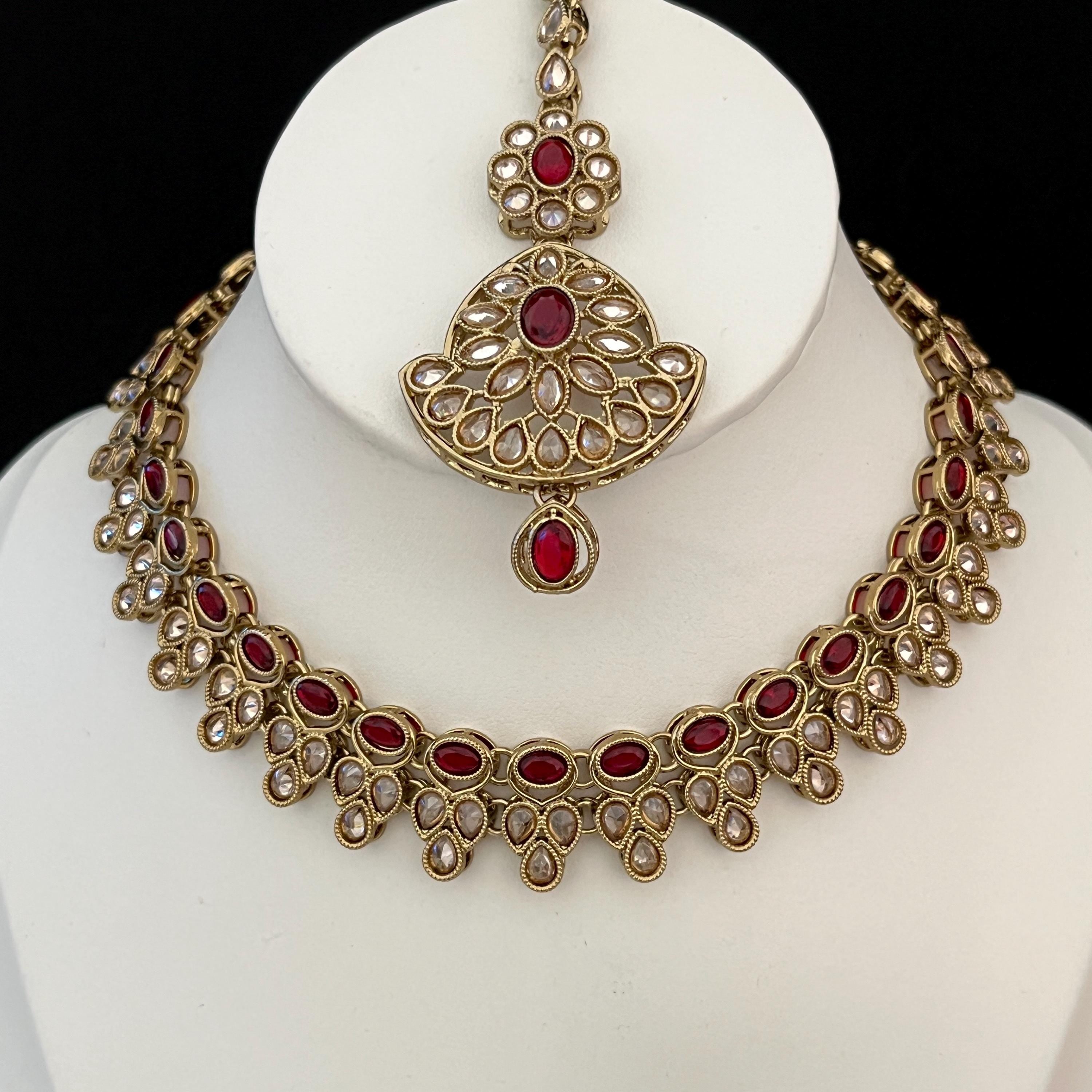 Red Polki Choker Necklace Set: Indian Bridal Jewelry