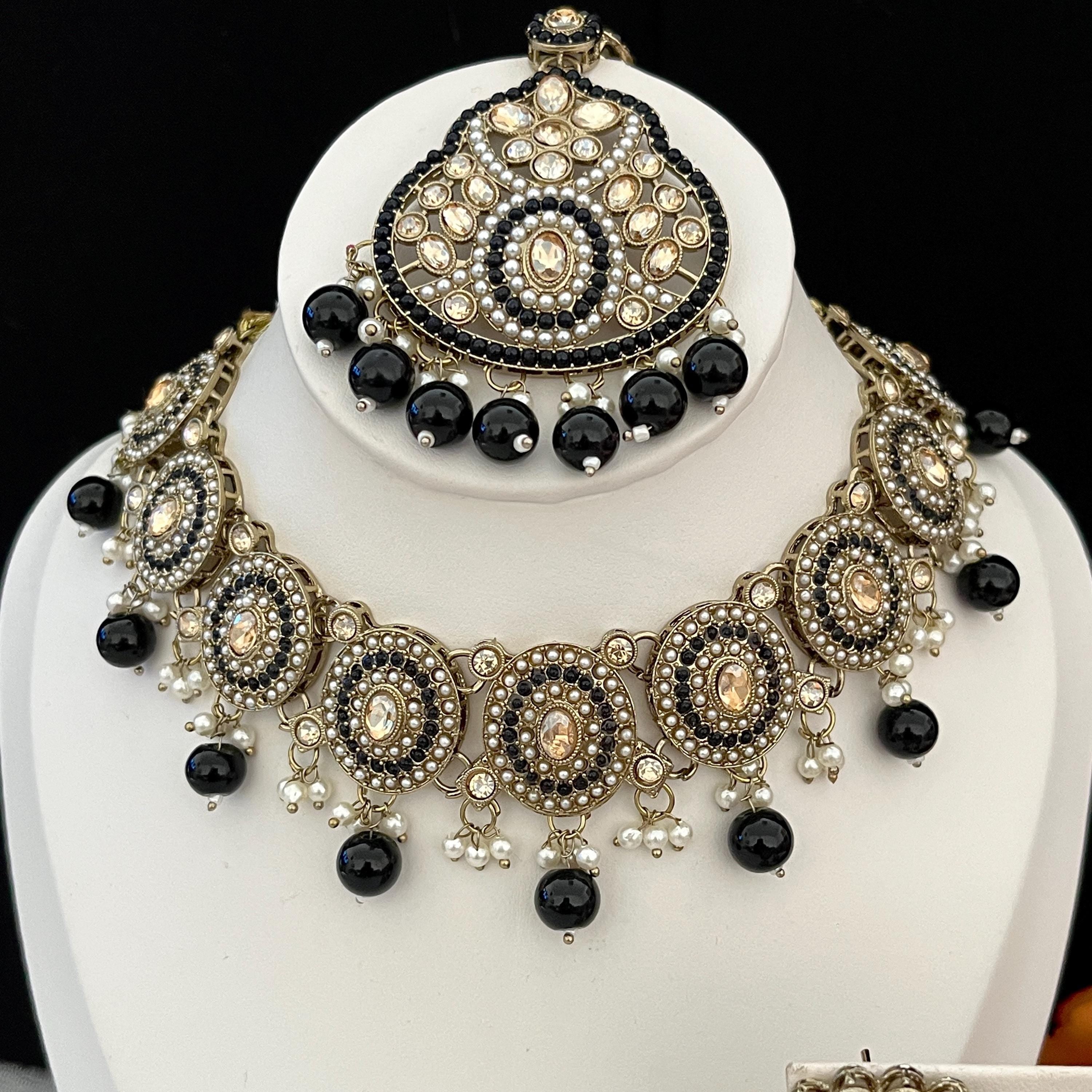 Polki Choker Necklace Set: Indian Bridal Jewelry with Black Pearls