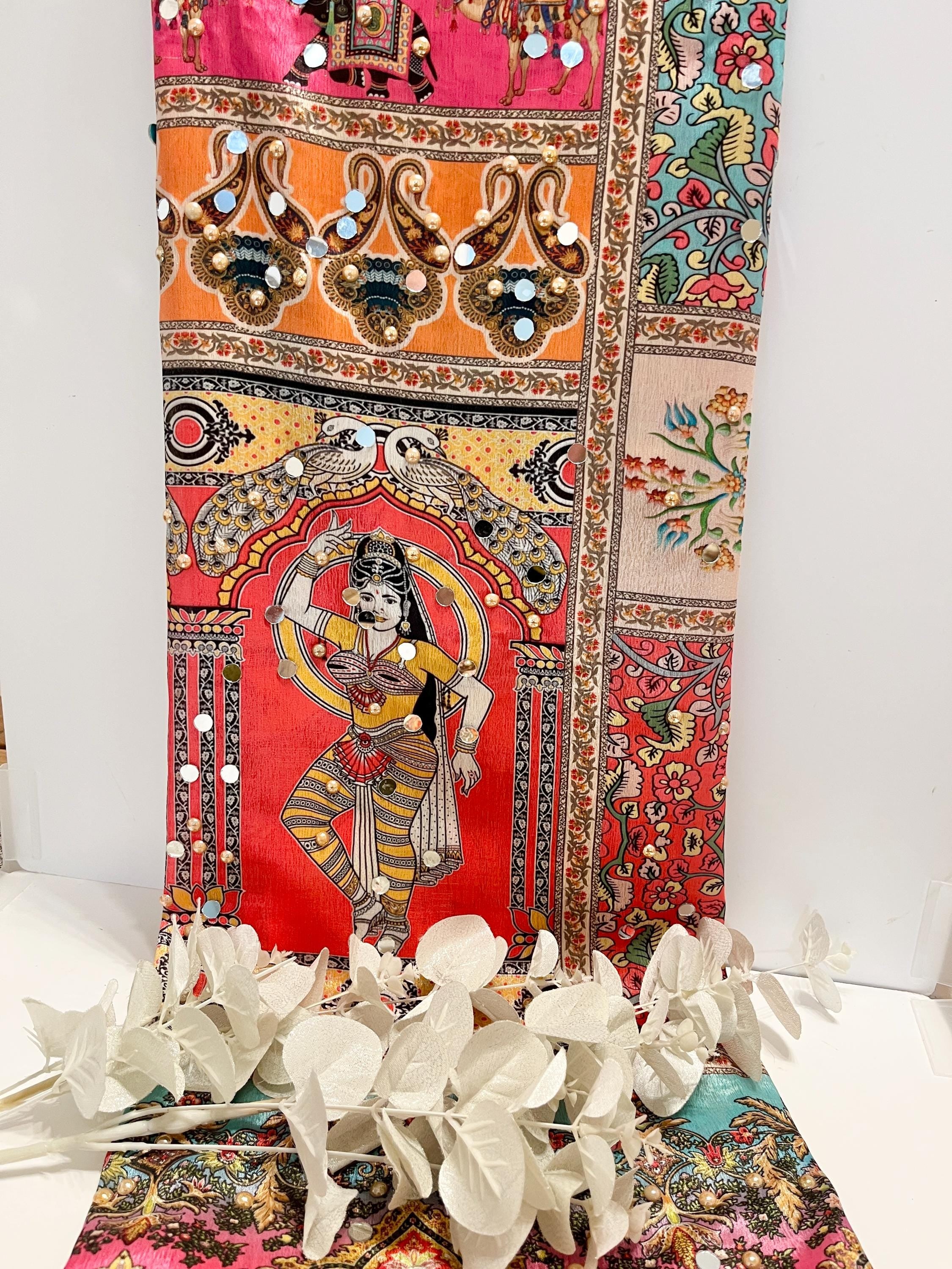 Multicoloured Mirrored and Pearl Printed Pakistani Silk Dupatta, Ladies Scarf, Indian Attire, Punjabi Chunni