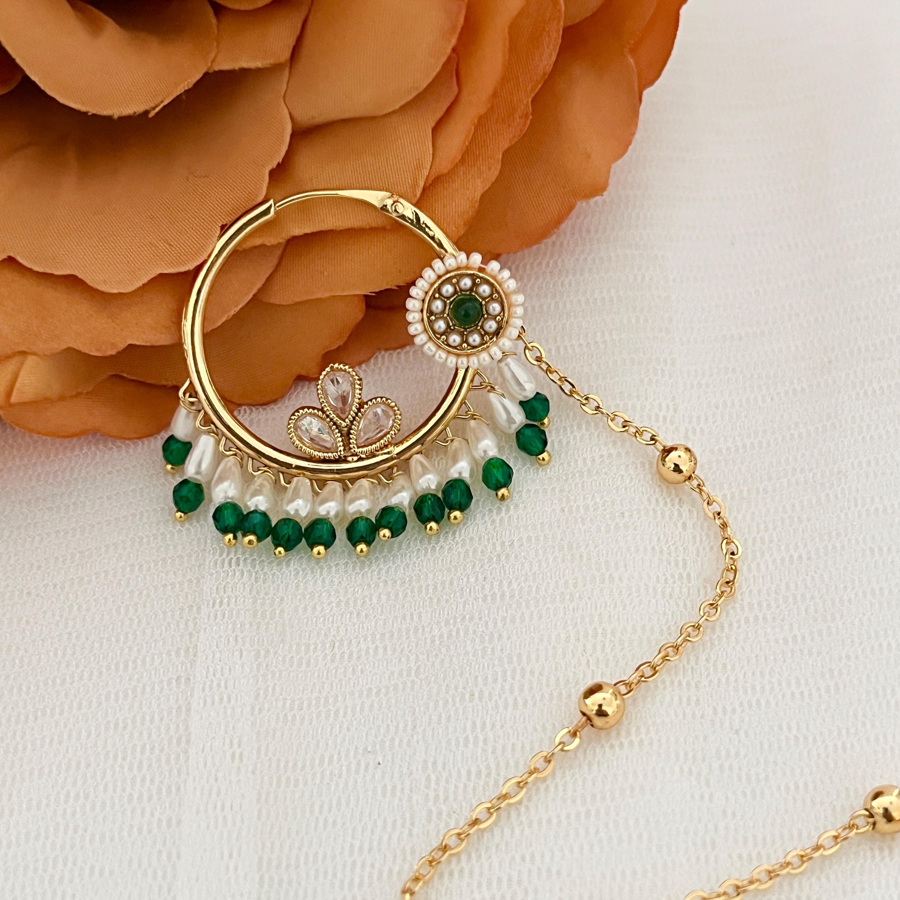 Handmade Gold Nath Nose Ring: Indian Bridal Jewelry with Green Pearls