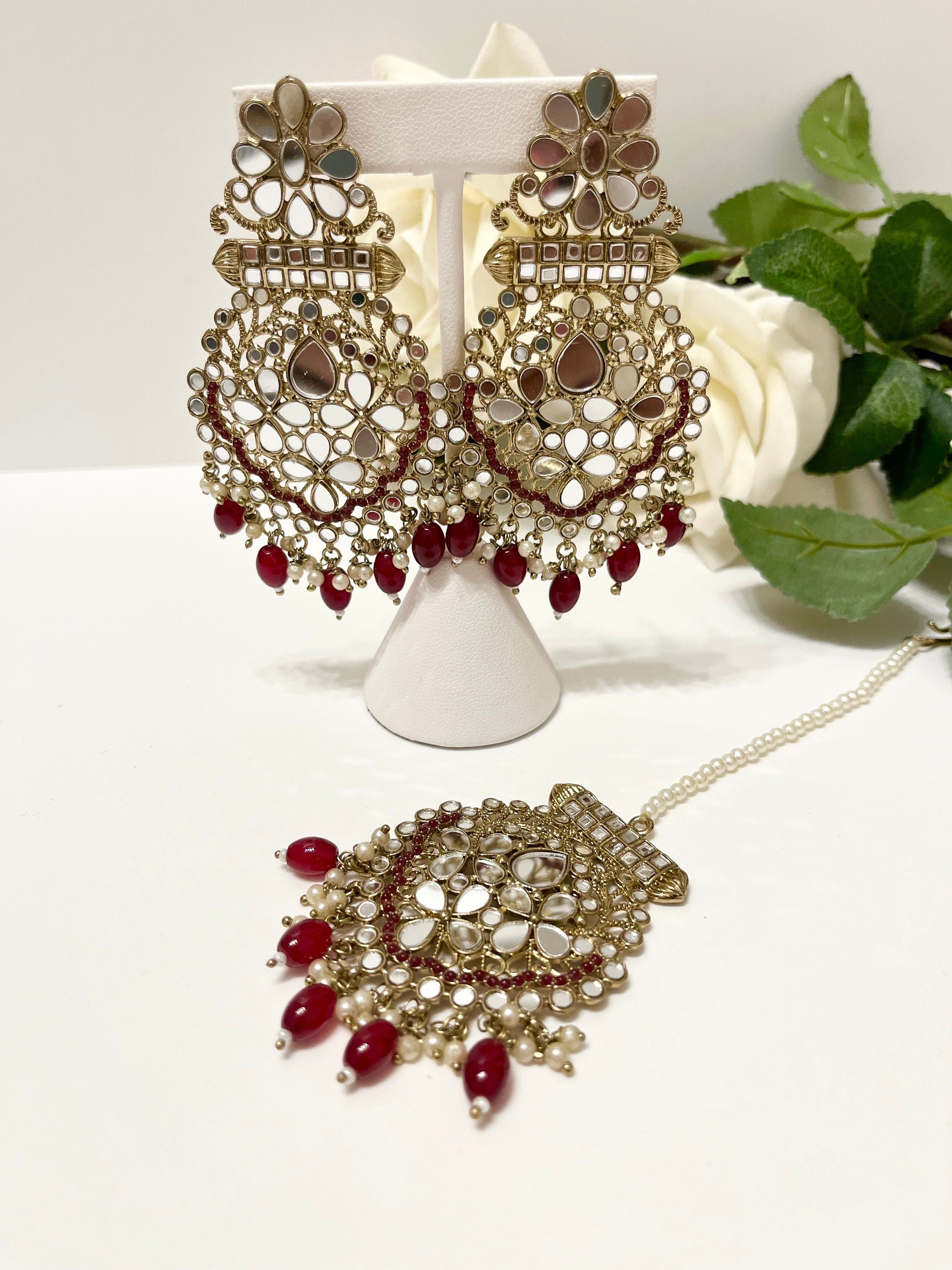 New Indian Jewelry Bollywood Mirror Jewellery Drop Earrings and Tikka Lovely Style burgandy/gold