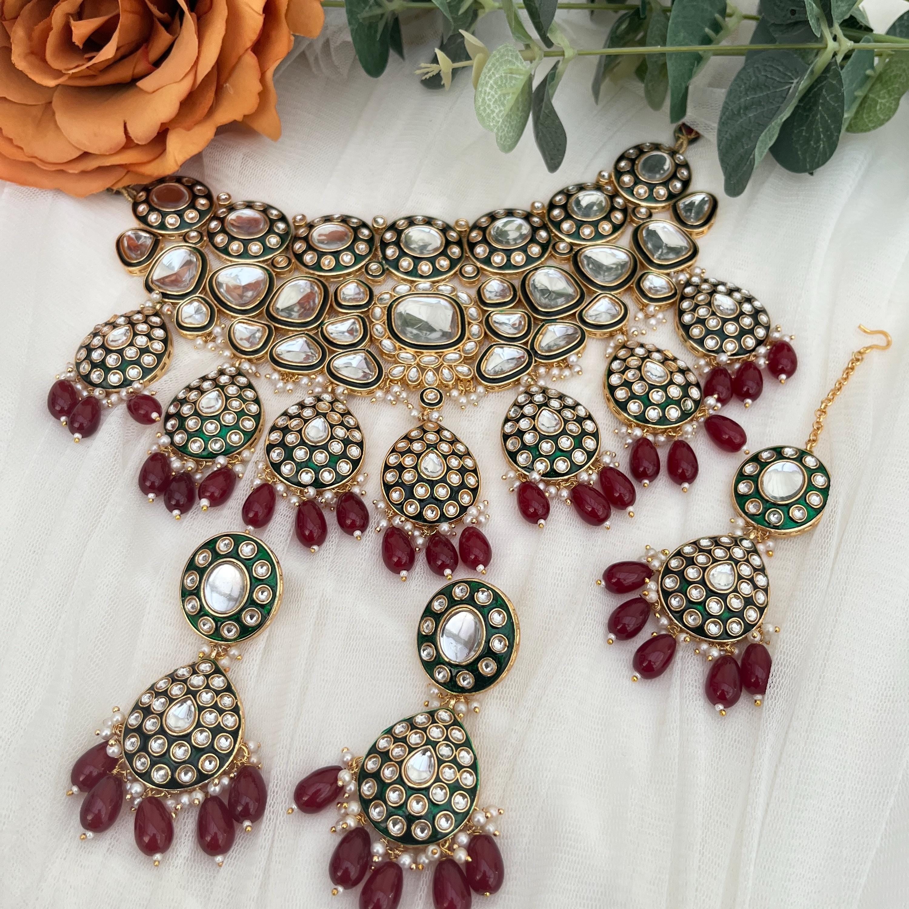 Indian Jewellery/ Red Kundan Choker Set/Tikka and Earrings/Indian Bridal Sets/Bollywood/Pakistani Jewellery