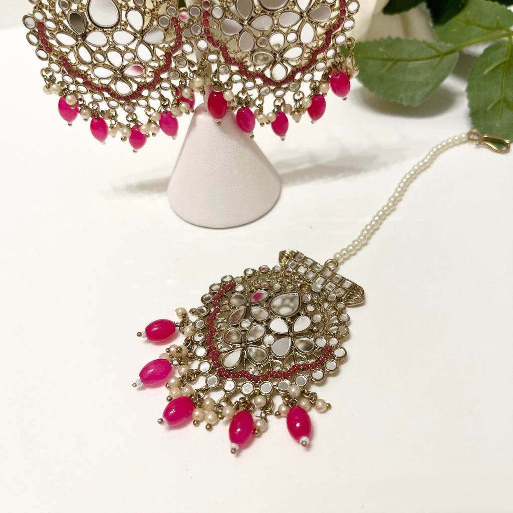 New Indian Bollywood Mirror Jewellery Drop Earrings and Tikka Lovely Style Hot Pink Gold Set