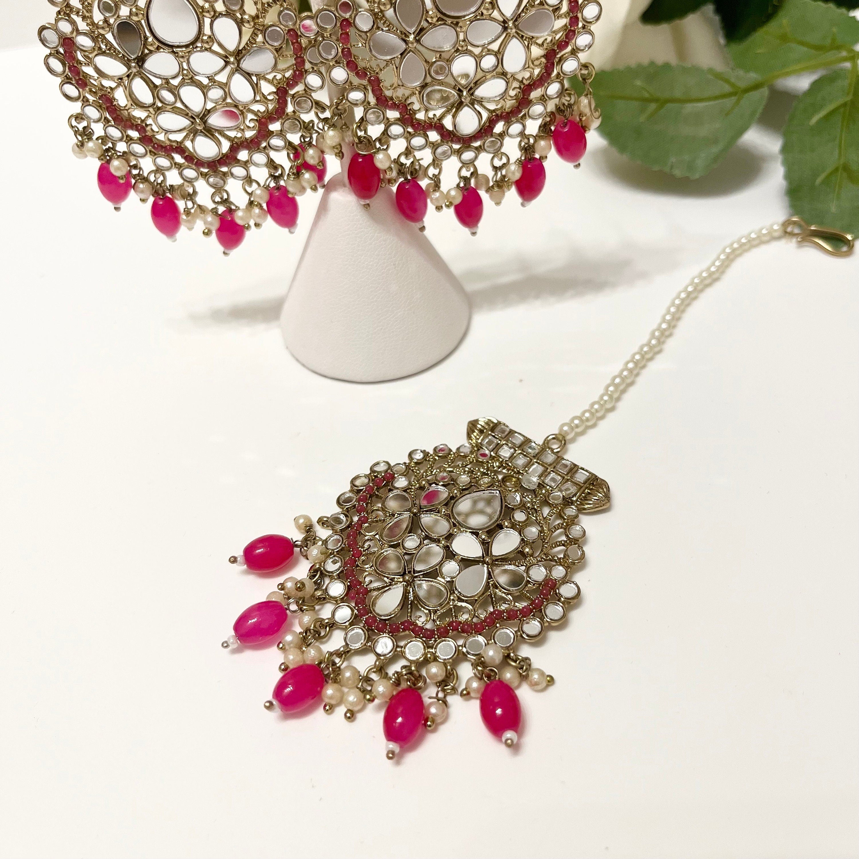 New Indian Bollywood Mirror Jewellery Drop Earrings and Tikka Lovely Style Hot Pink Gold Set