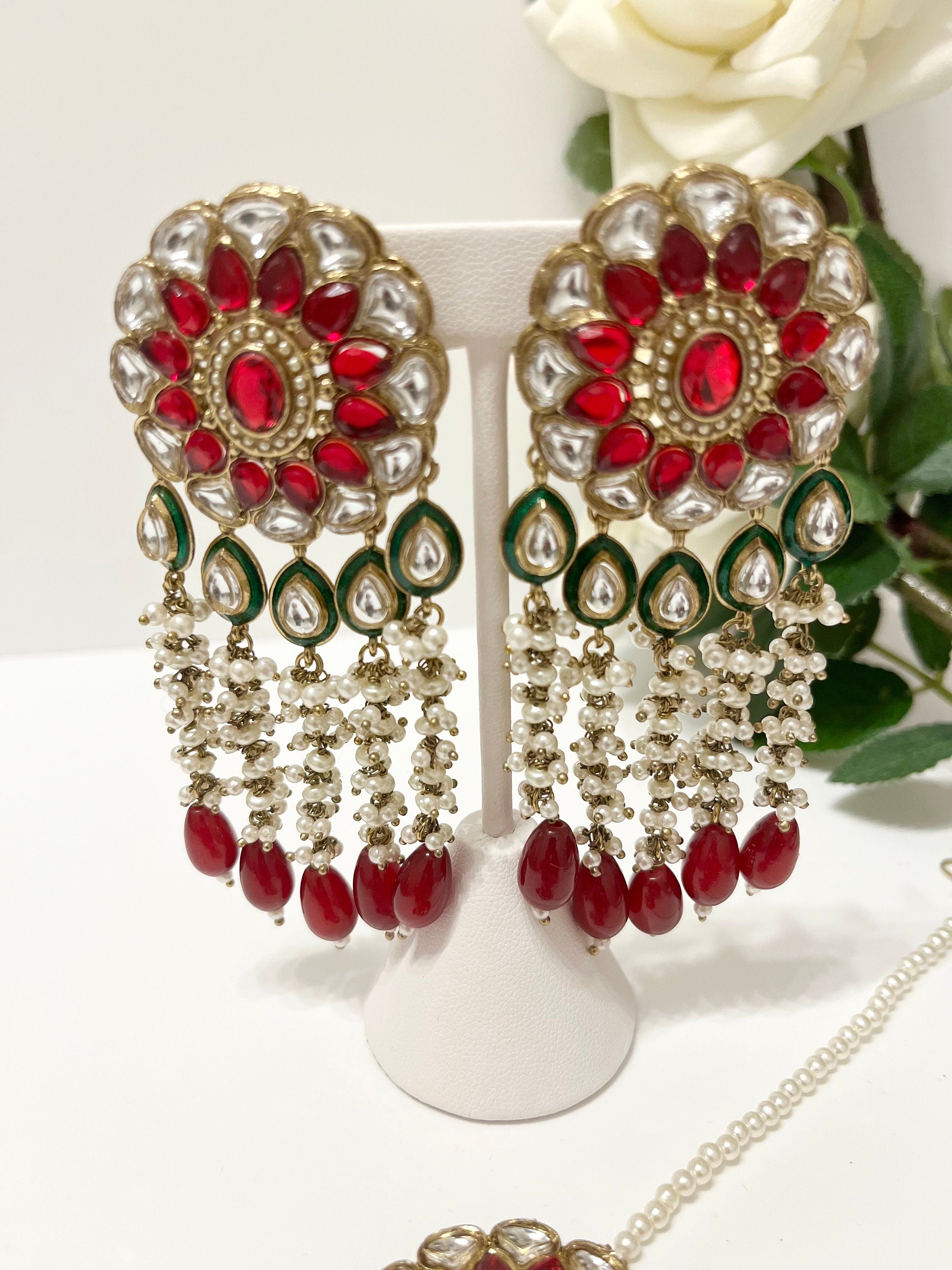 High Quality Indian Bollywood Pakistani New Jewellery Big Dangling Earrings and Big Tikka Imitation Pearls Red Gold Green