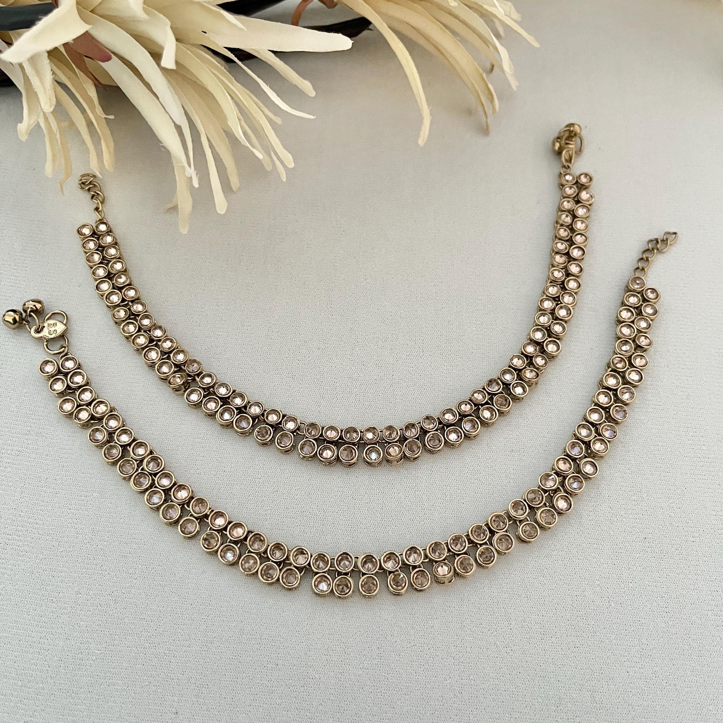 Gold Payal Anklets with Polki Stones, Ghungaroo, Ladies Jewellery