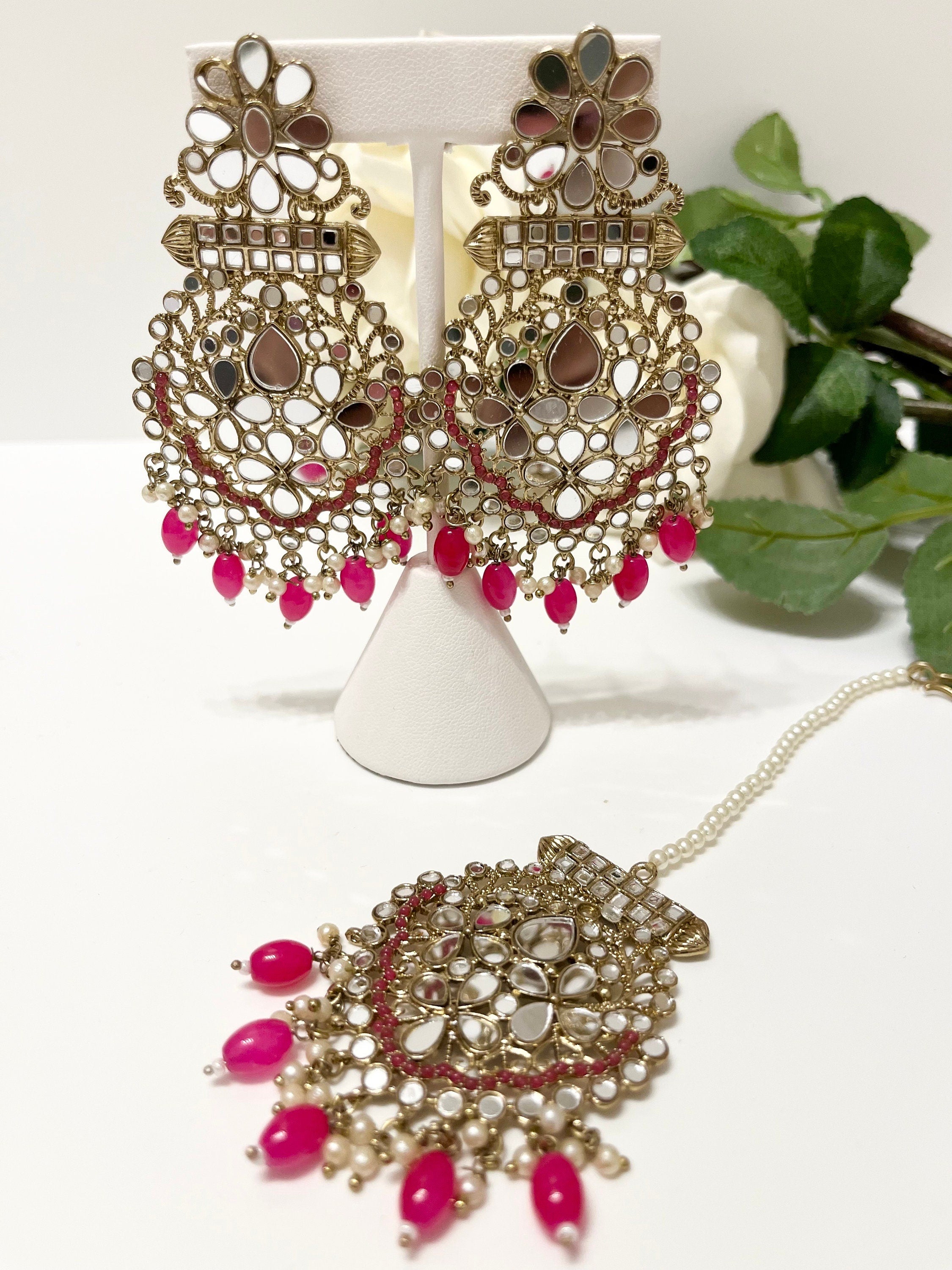 New Indian Bollywood Mirror Jewellery Drop Earrings and Tikka Lovely Style Hot Pink Gold Set