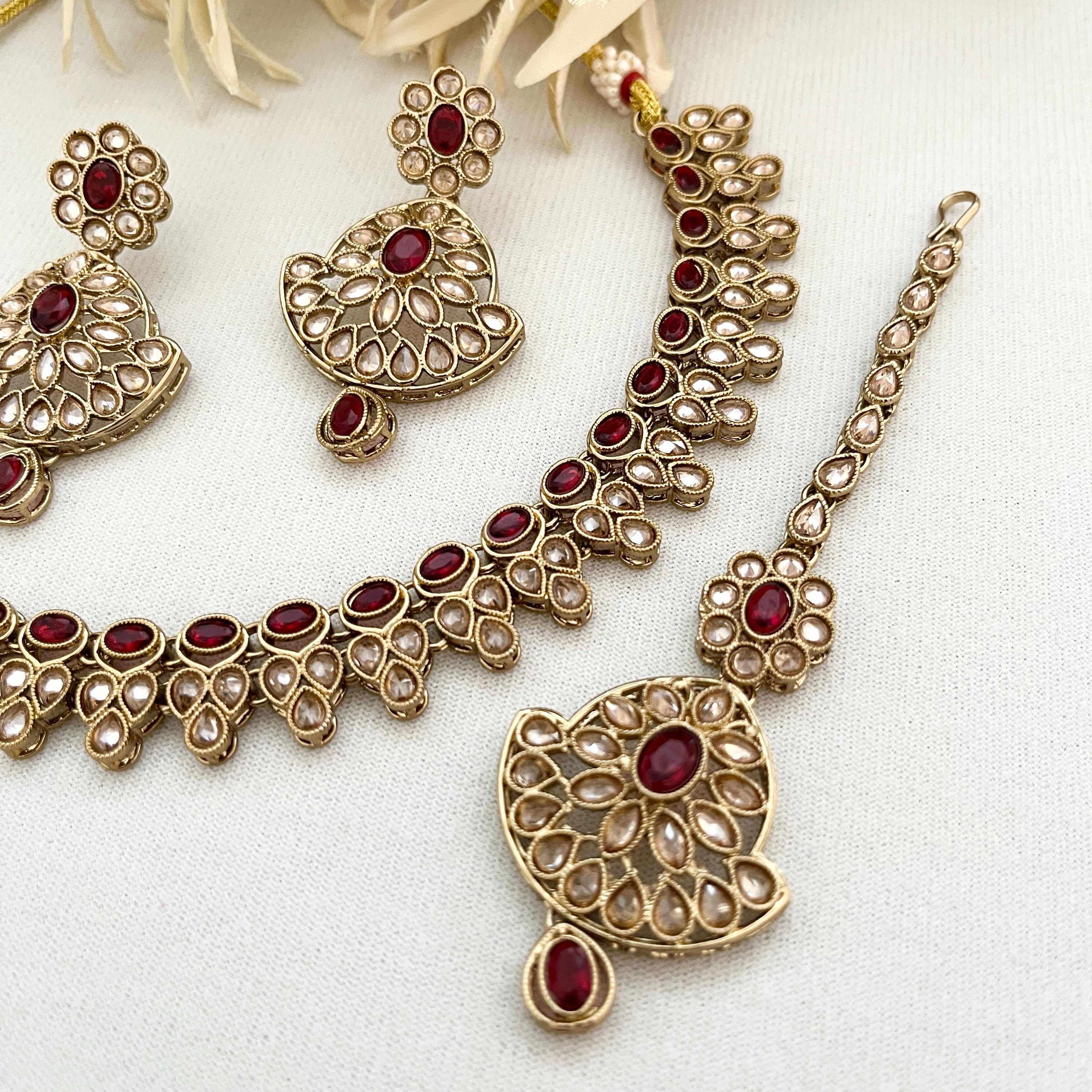 Red Polki Choker Necklace Set: Indian Bridal Jewelry