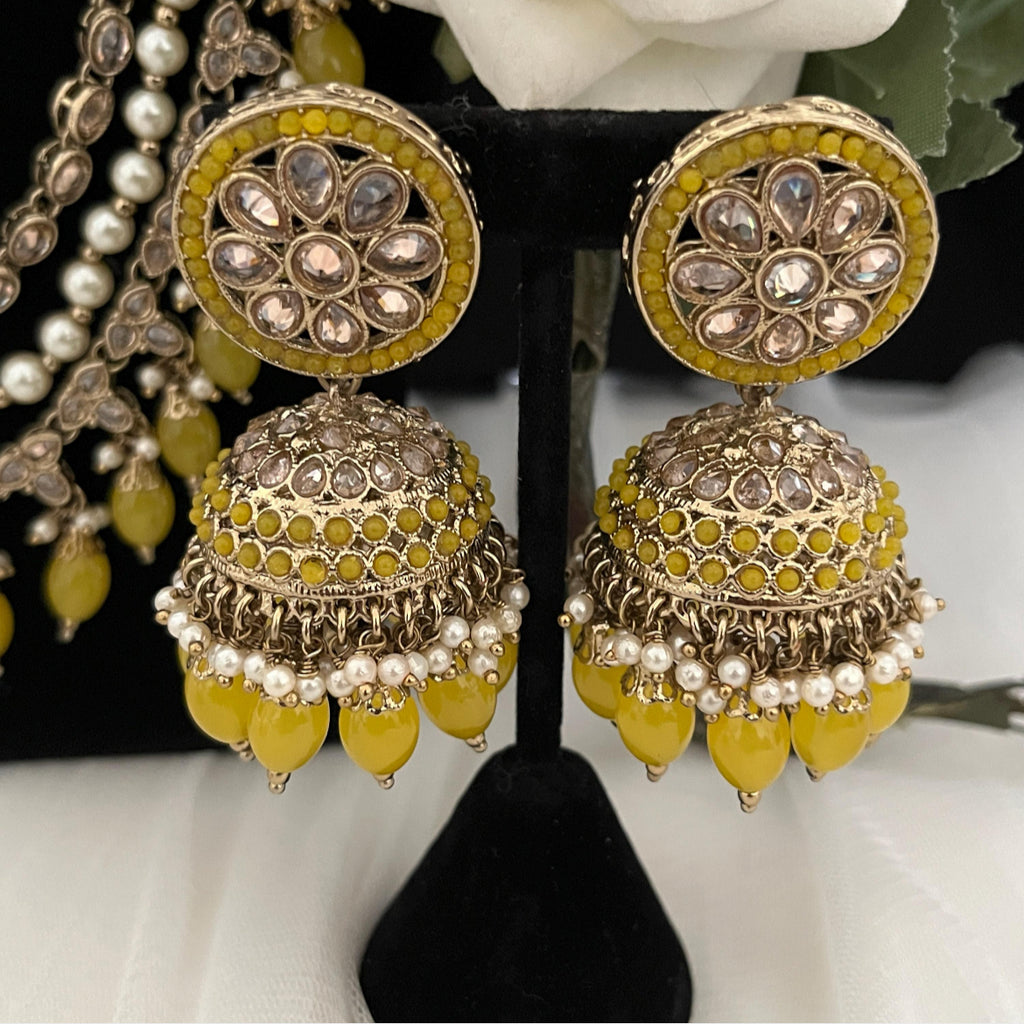 Long Necklace with Tikka and Jhumka Earrings adorned with Yellow Pearls