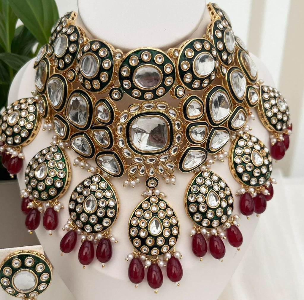 Kundan Meenakari Burgundy and Gold Choker Set