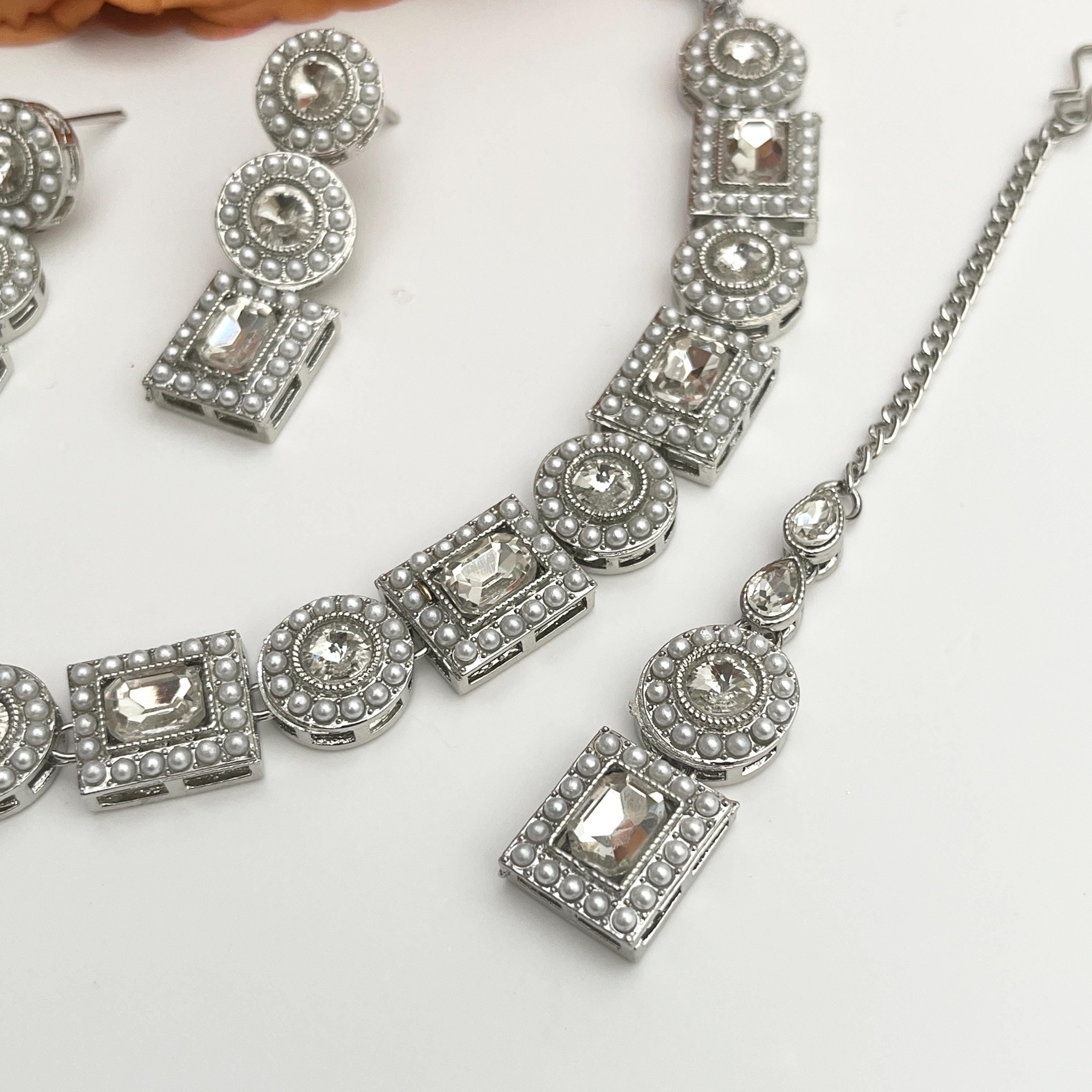 Polki Choker Necklace Set: Indian Bridal Jewelry, Silver Tikka Earrings