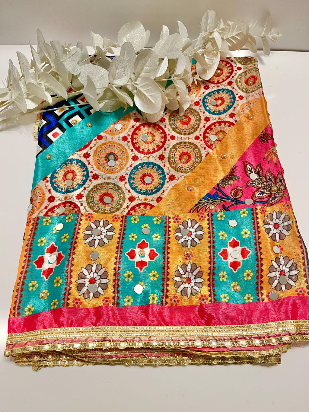 Multicoloured Mirrored and Pearl Printed Pakistani Silk Dupatta, Ladies Scarf, Indian Attire, Punjabi Chunni