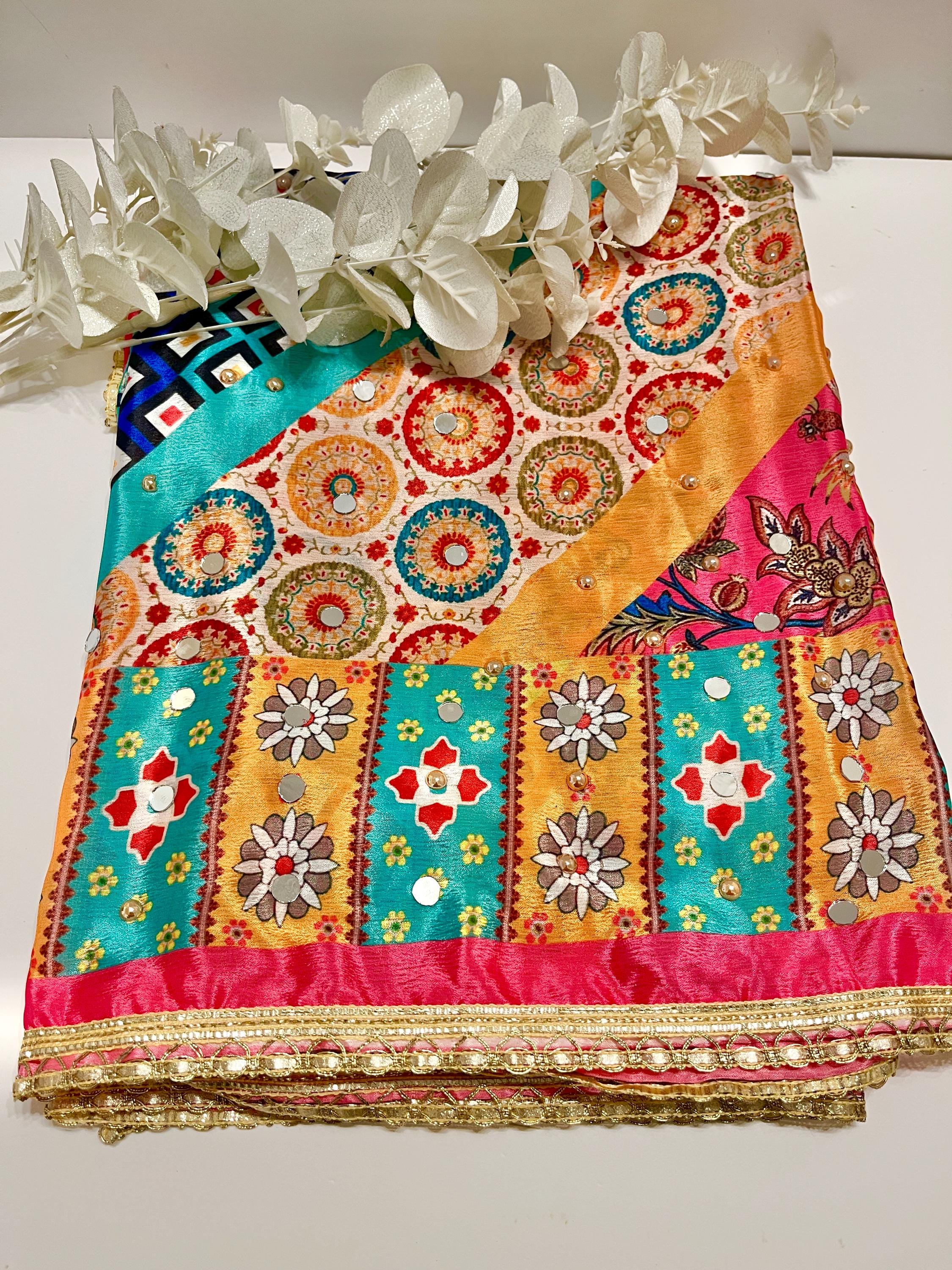 Multicoloured Mirrored and Pearl Printed Pakistani Silk Dupatta, Ladies Scarf, Indian Attire, Punjabi Chunni
