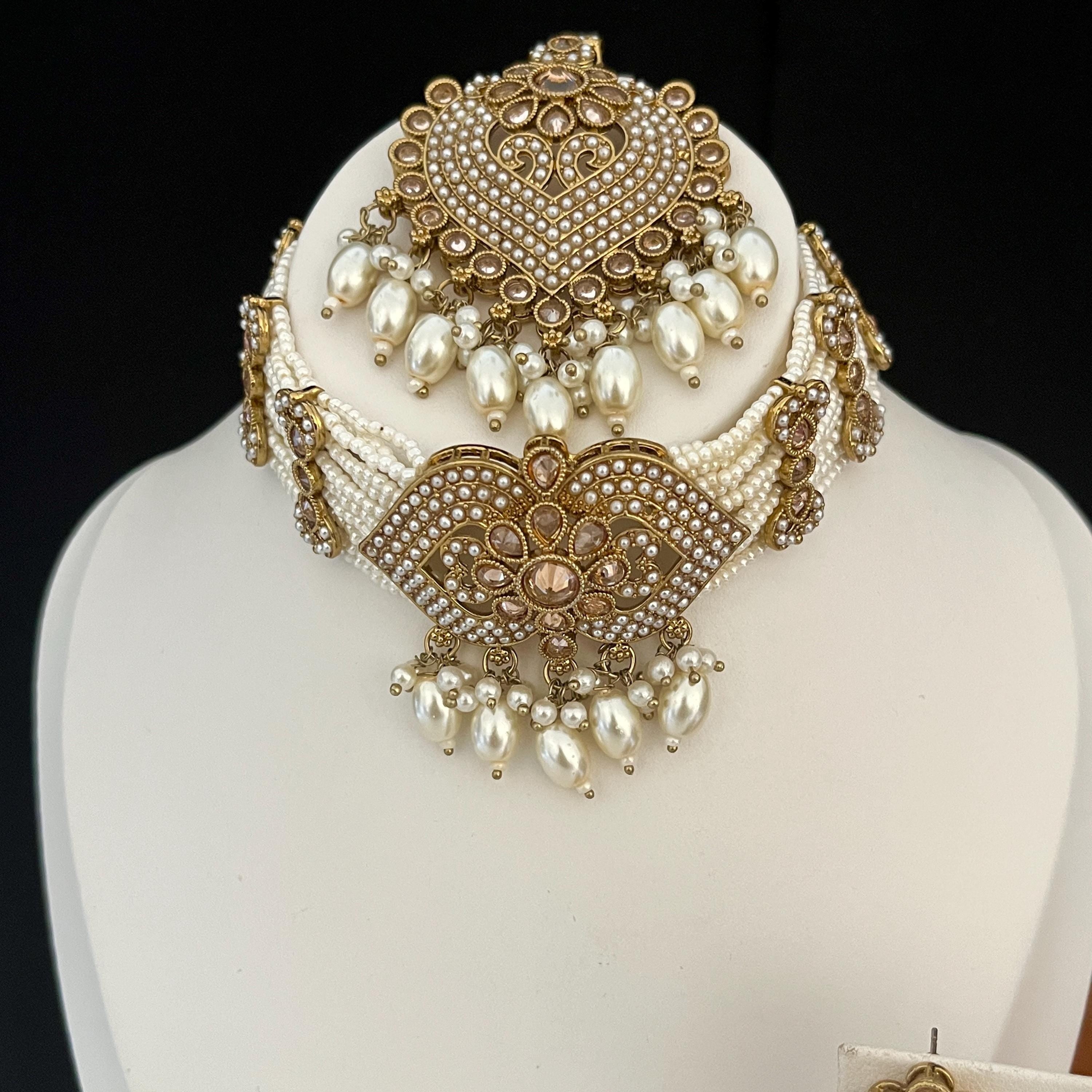 Polki Choker Necklace Set: Indian Bridal Jewelry, Multicolored Pearls
