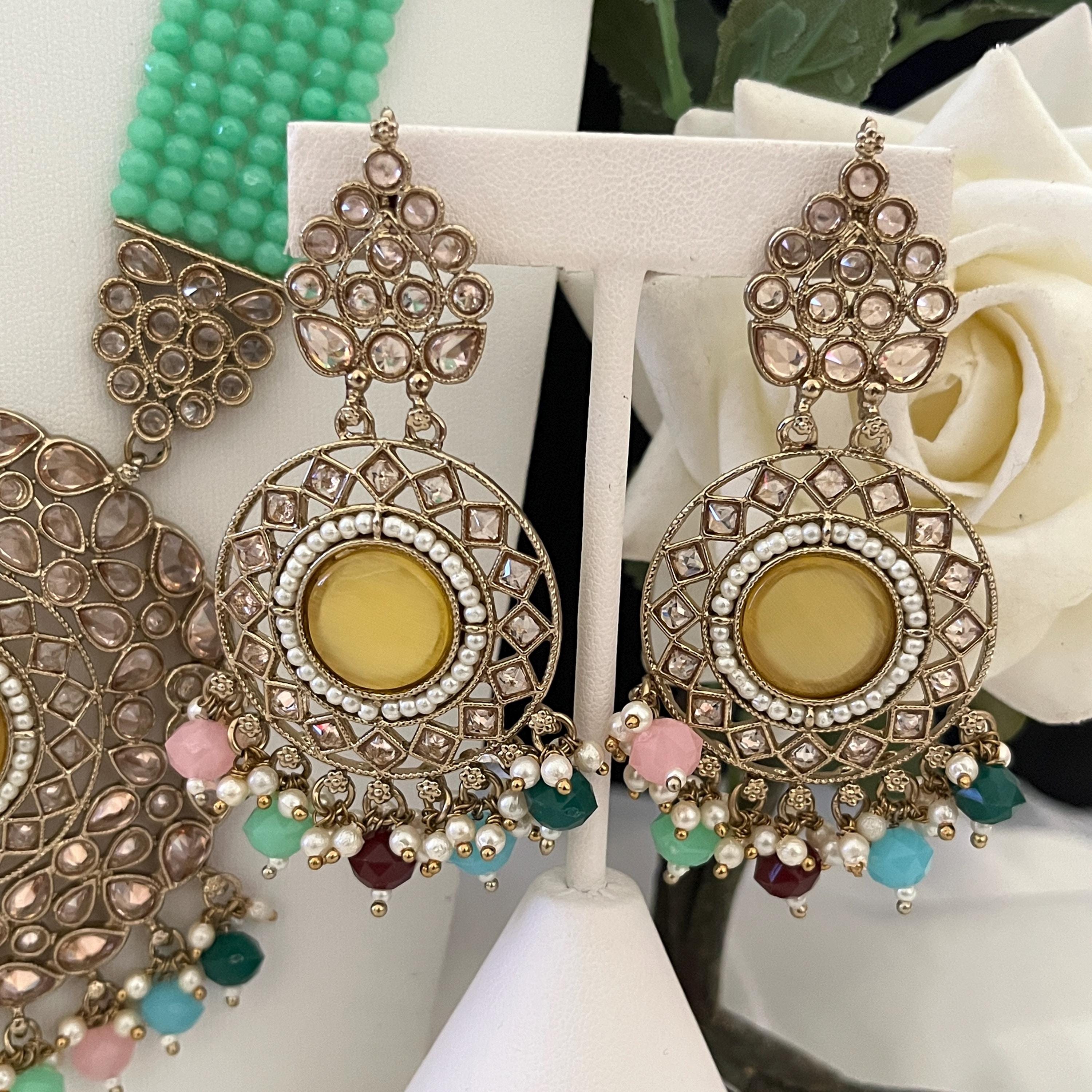 Long Necklace/Raani Haar/ Tikka Earrings/Polki Jewellery/Indian Bridal Sets