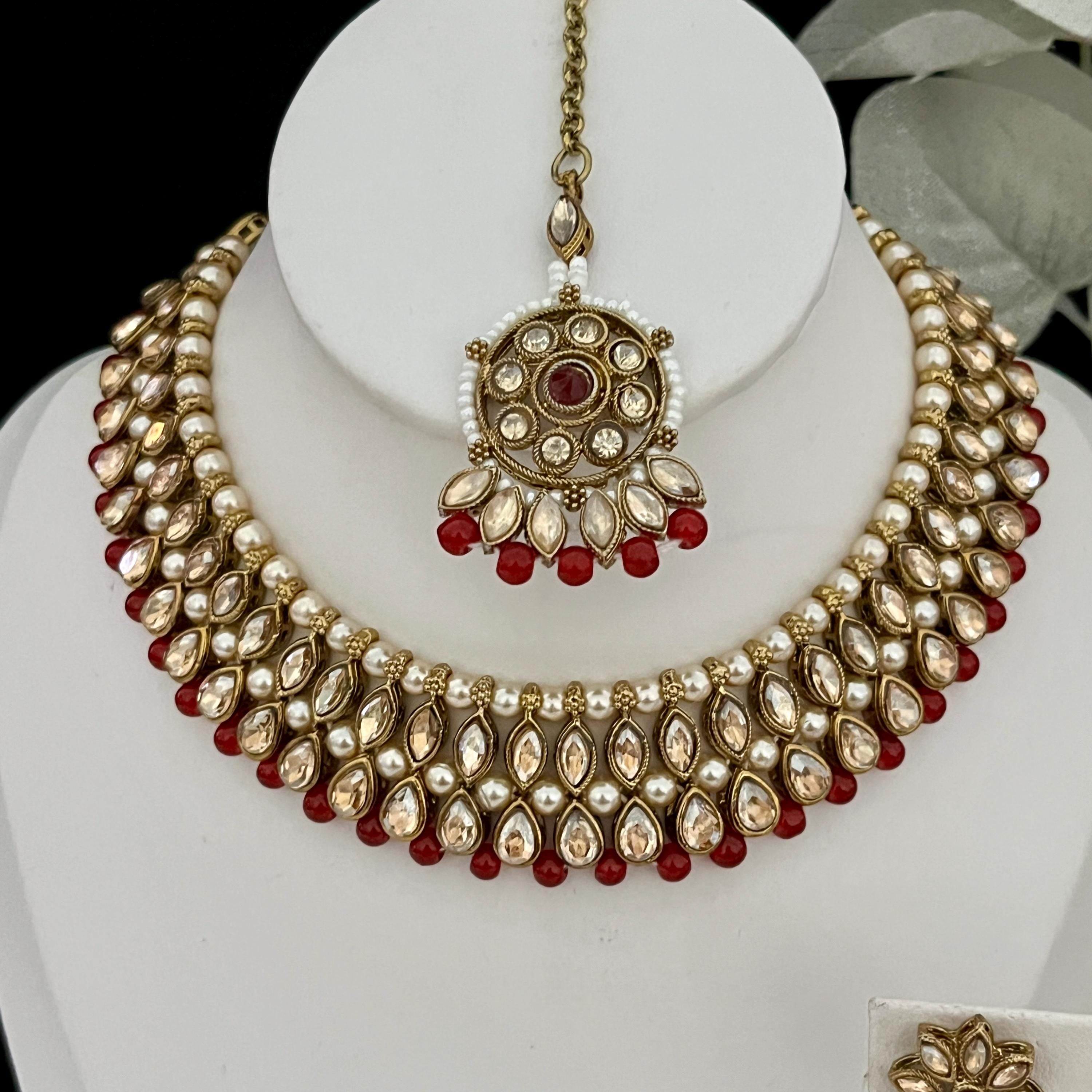 Imitation Polki Jewellery Set Gold Red Choker Necklace Tikka Earrings Set