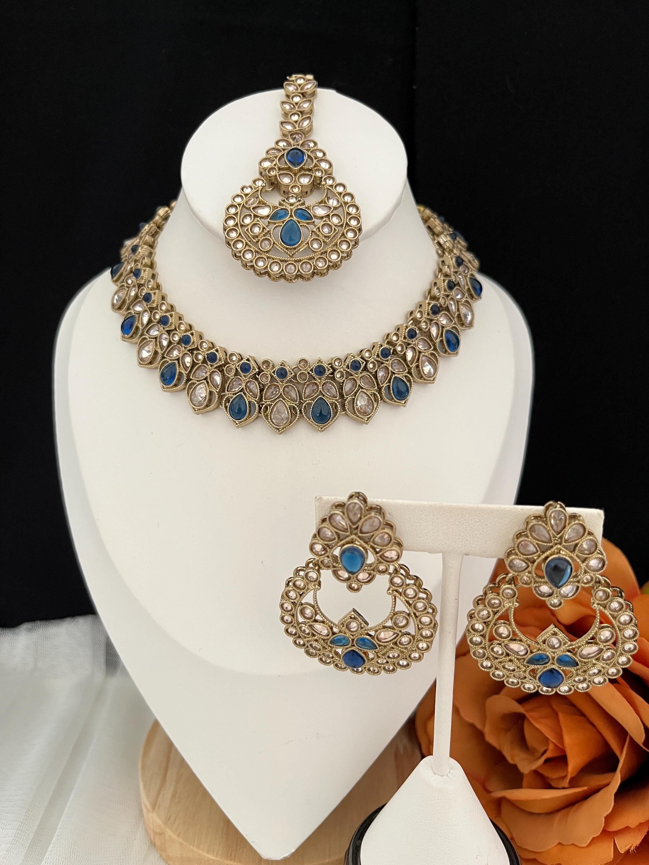 Indian Jewellery, Choker Polki Necklace, Indian Bridal Sets, Pakistani Jewellery, Bollywood, Blue Jewellery Set