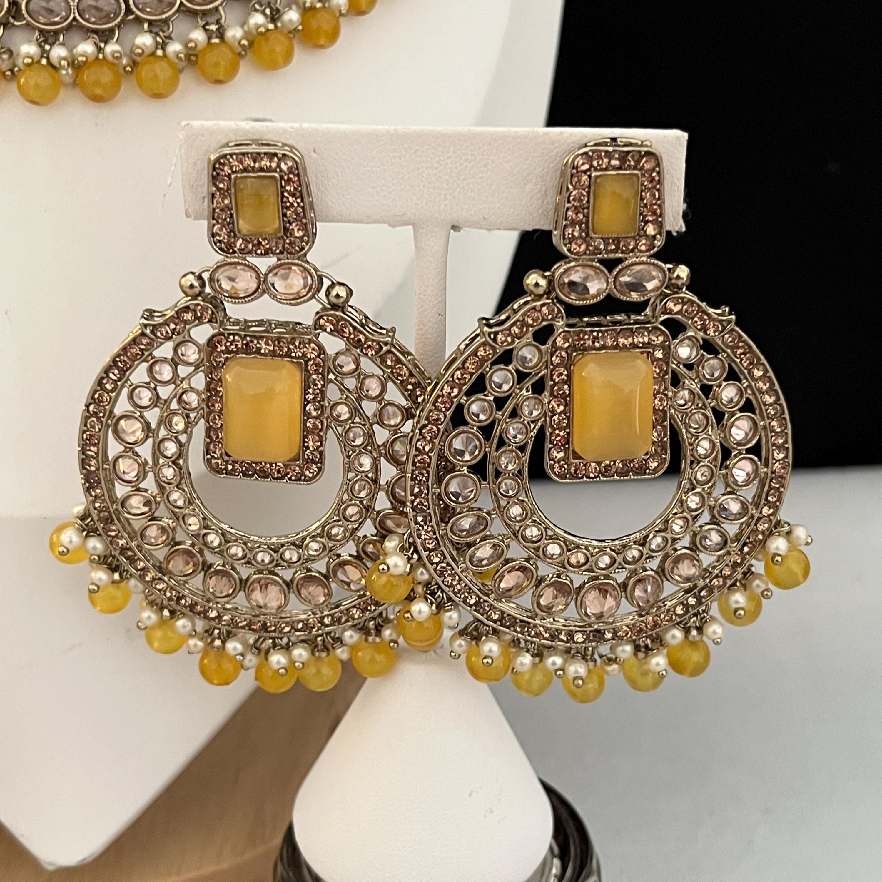 Imitation Indian Jewellery Sets Polki Stones Yellow Beads Pakistani Jewellery