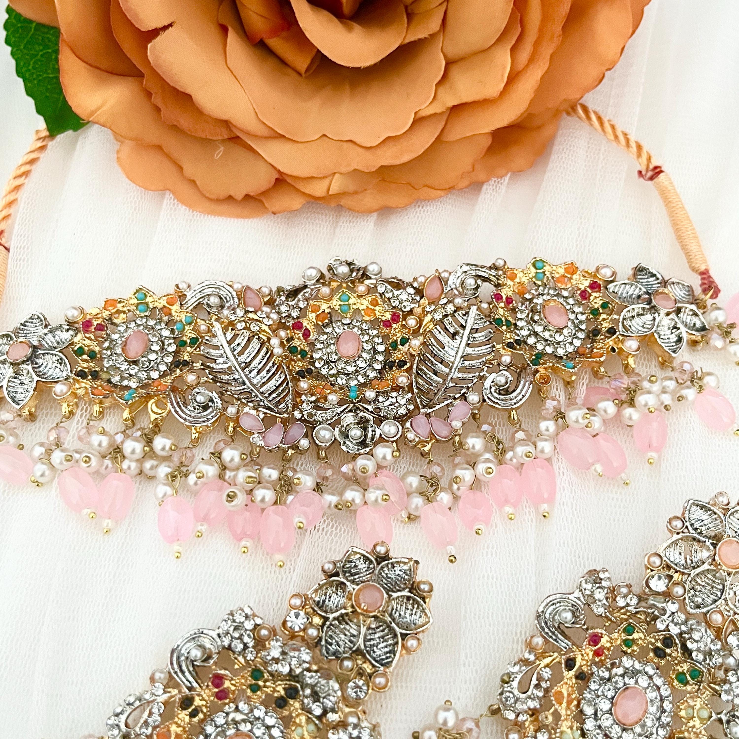 Handmade Indian Bridal Choker Necklace Set: Gold & Pink Bollywood Jewelry